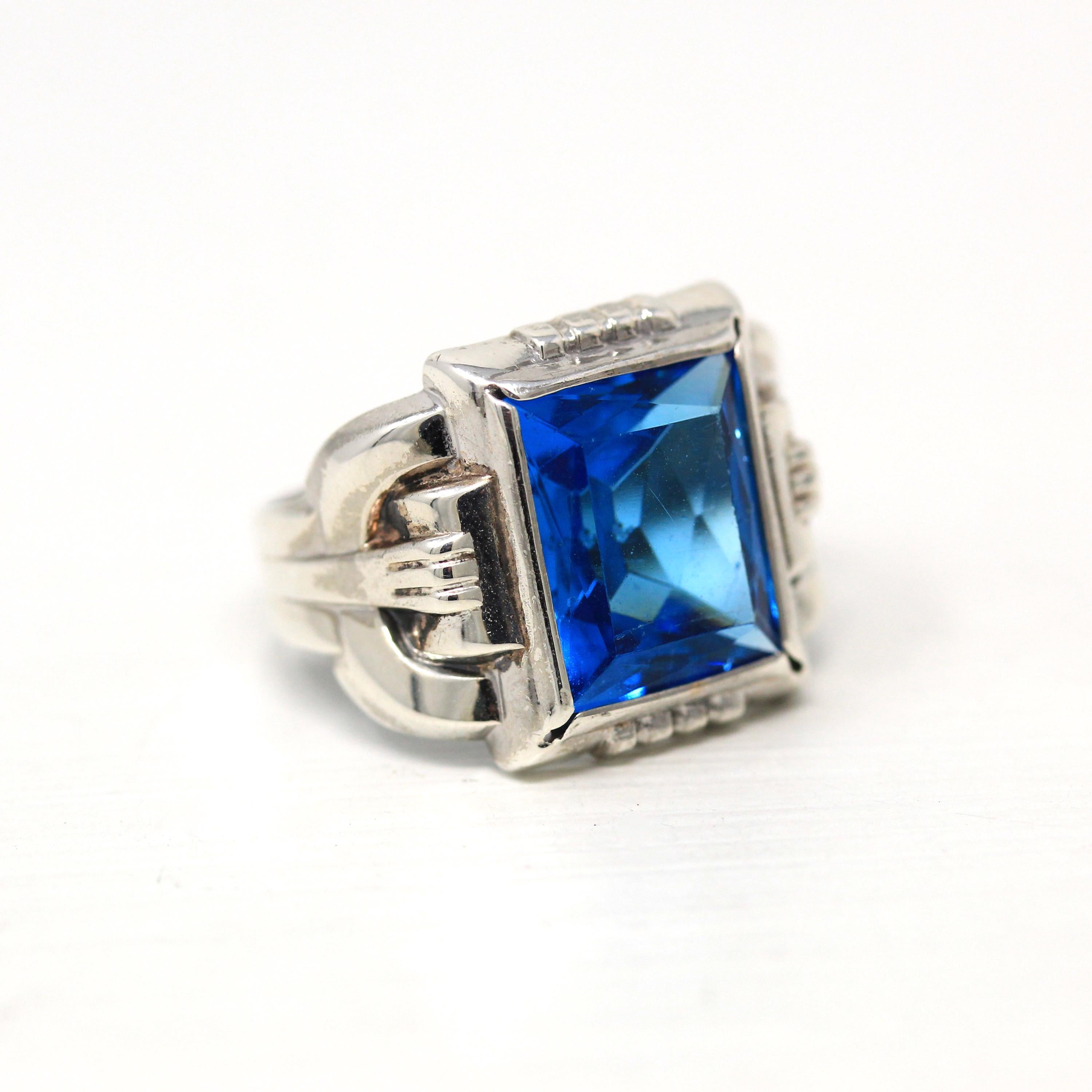 Vintage Sterling Silver Ring - Retro Rectangular Cut Simulated Blue Topaz Glass - 1940s Era Size 6 1/2 Uncas December Birthstone Jewelry