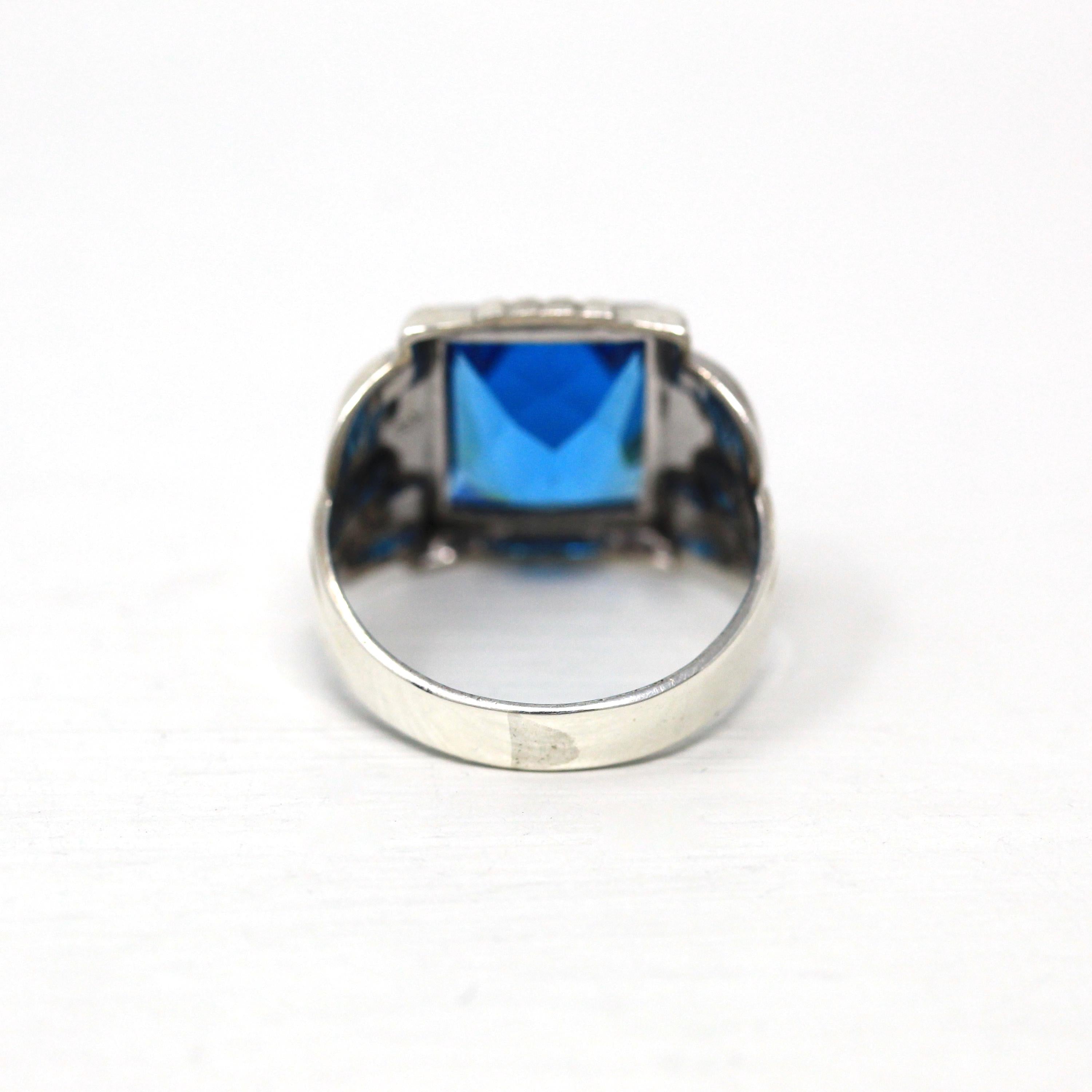 Vintage Sterling Silver Ring - Retro Rectangular Cut Simulated Blue Topaz Glass - 1940s Era Size 6 1/2 Uncas December Birthstone Jewelry