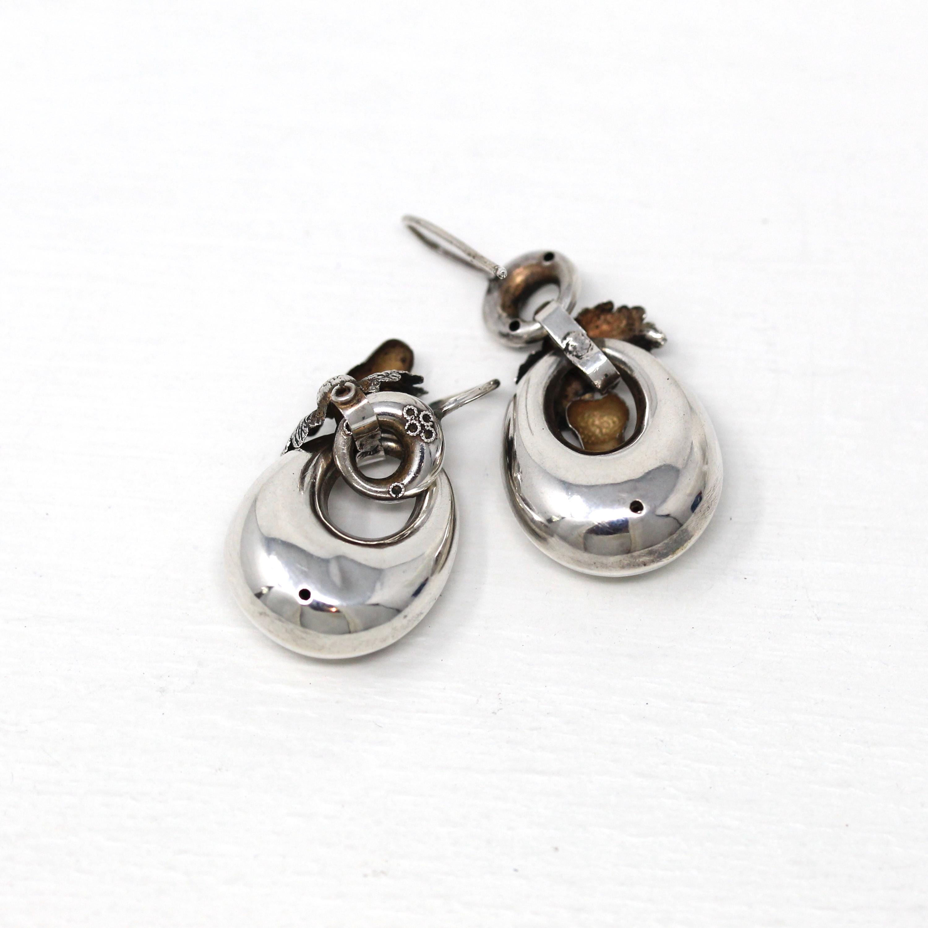 Antique Acorn Earrings - Victorian Sterling Silver Dangle Drop Figural Hollow Pair - Circa 1890s Era Fashion Accessories Flower Leaf Jewelry