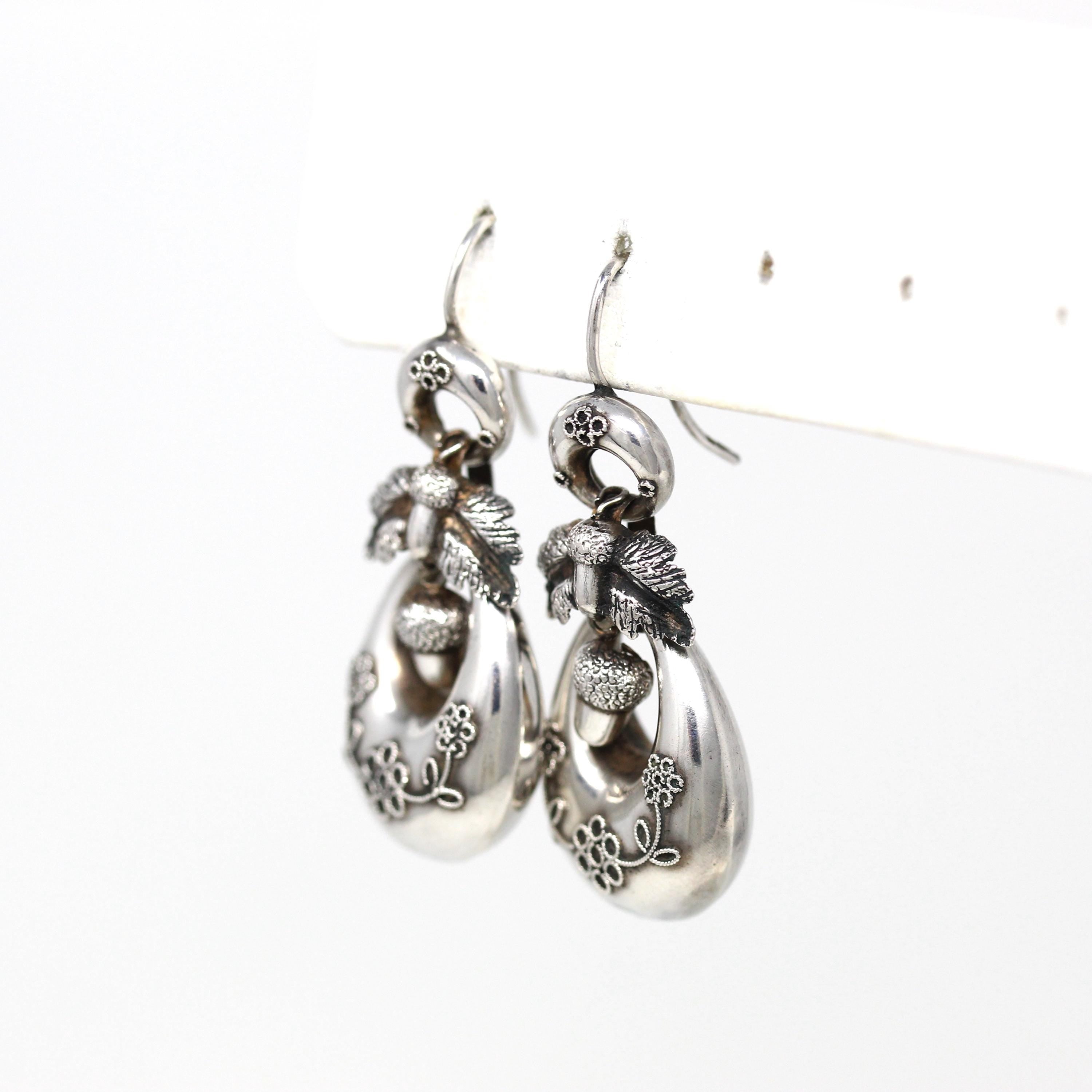 Antique Acorn Earrings - Victorian Sterling Silver Dangle Drop Figural Hollow Pair - Circa 1890s Era Fashion Accessories Flower Leaf Jewelry