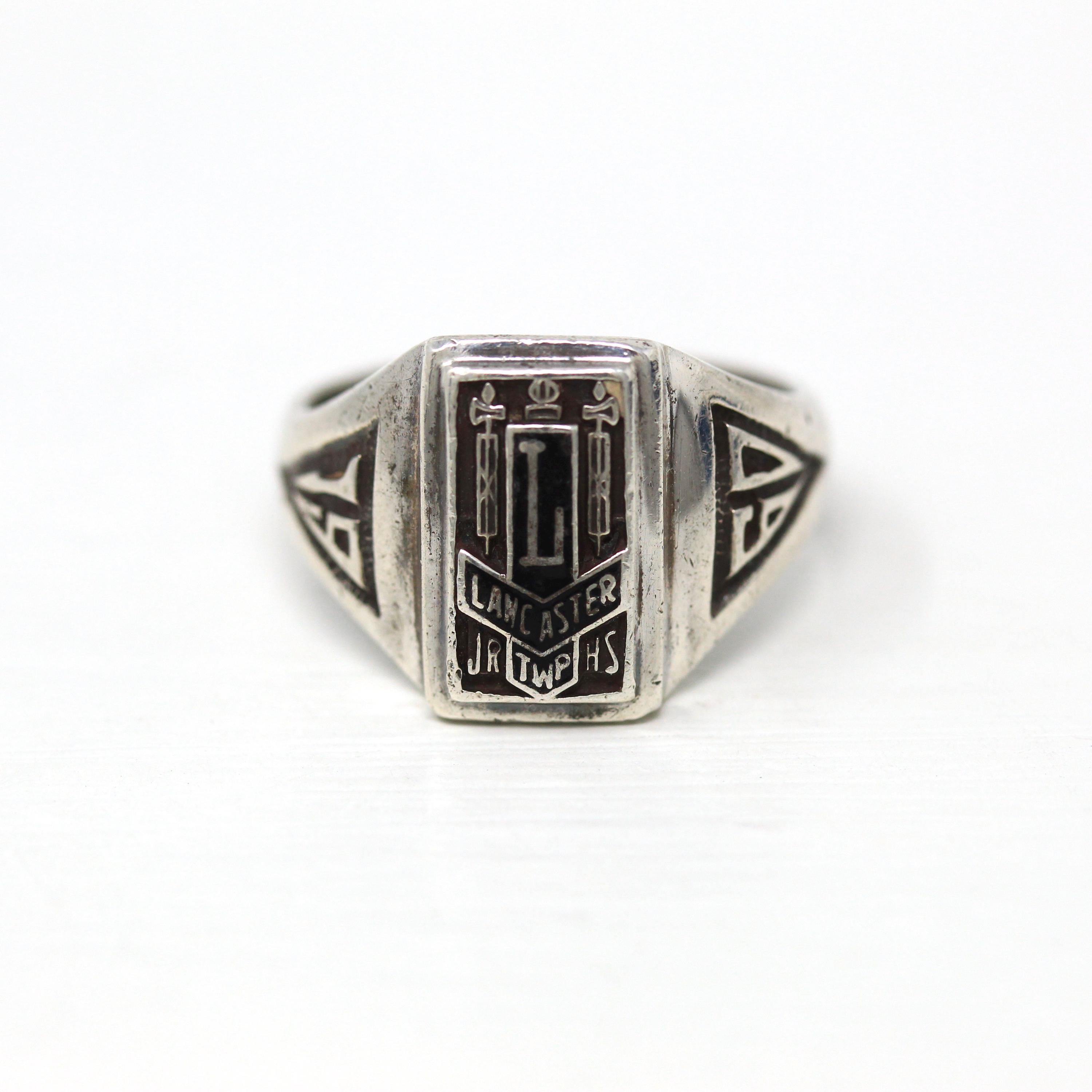 Vintage Class Ring - Retro Sterling Silver Lancaster Twp Jr High - Dated 1960 Size 8 1/4 Black Enamel Letter "L" Pennsylvania School Jewelry