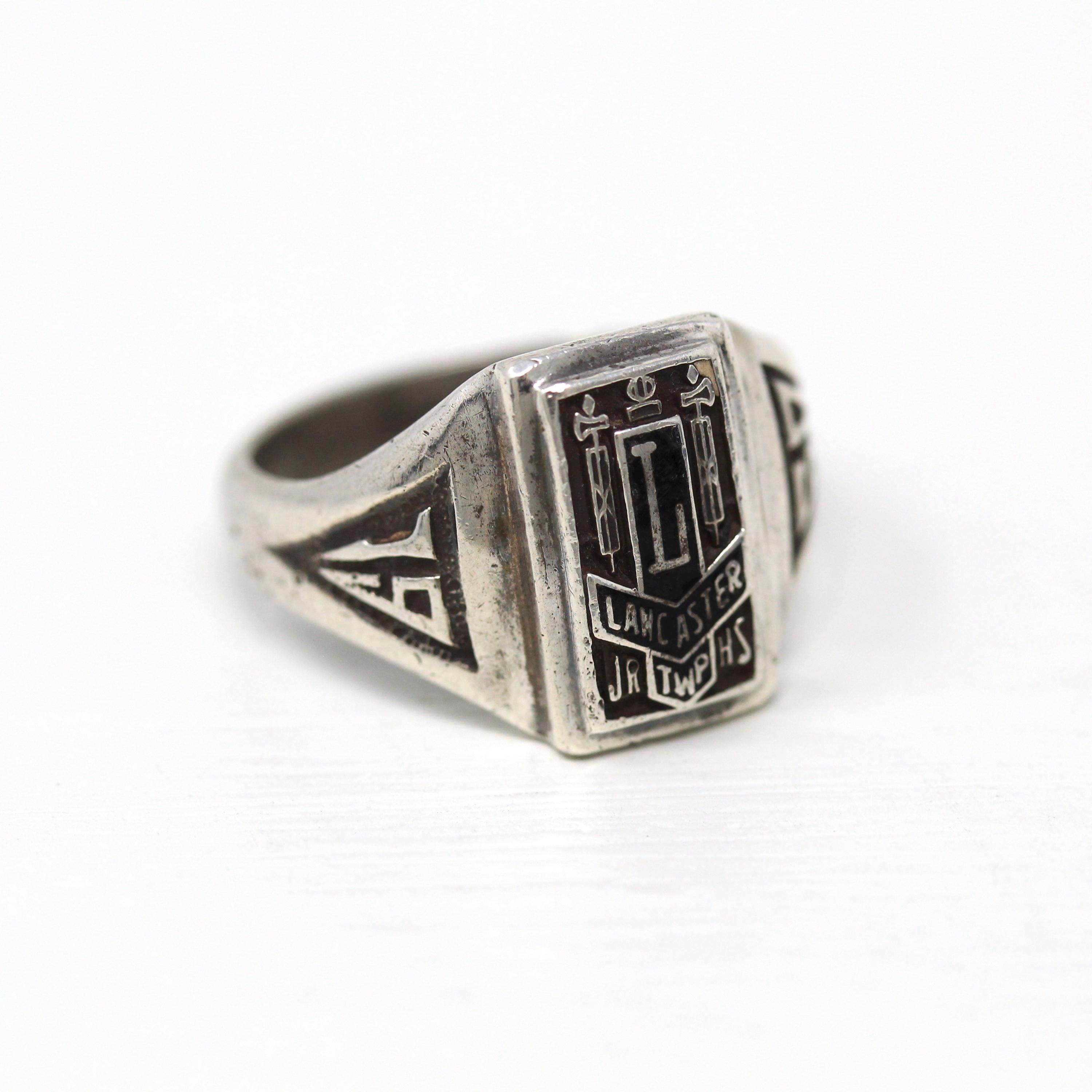 Vintage Class Ring - Retro Sterling Silver Lancaster Twp Jr High - Dated 1960 Size 8 1/4 Black Enamel Letter "L" Pennsylvania School Jewelry