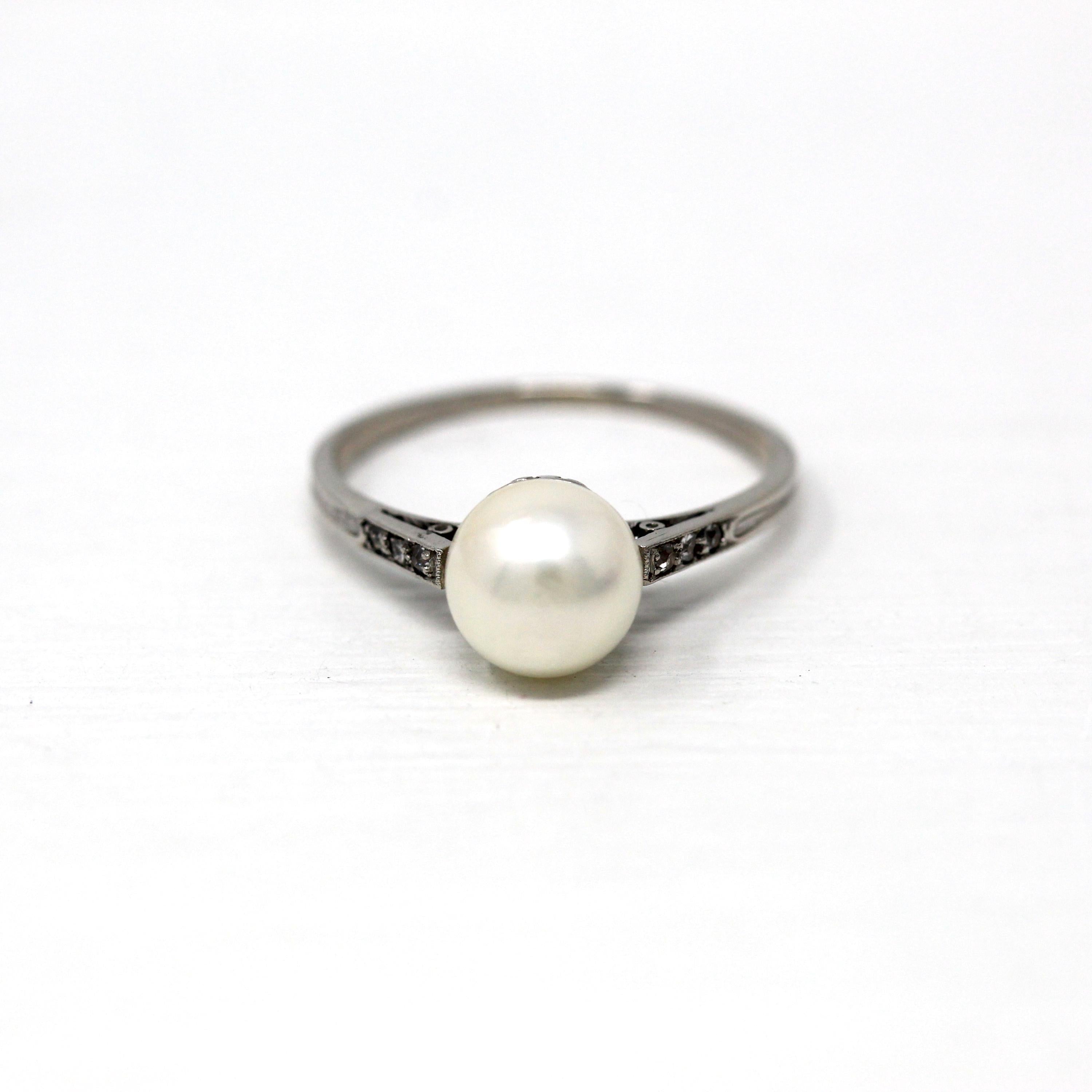 Cultured Pearl Ring - Art Deco Era Platinum Genuine 7.5 White Gem - Antique Circa 1920s Size 6 1/2 Fine Vintage Solitaire Diamonds Jewelry