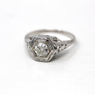 Diamond Engagement Ring - Vintage 14k White Gold Filigree Genuine 1/2 CT Gem - Antique 1930 Size 4 Wedding Hexagonal Bridal Fine Jewelry