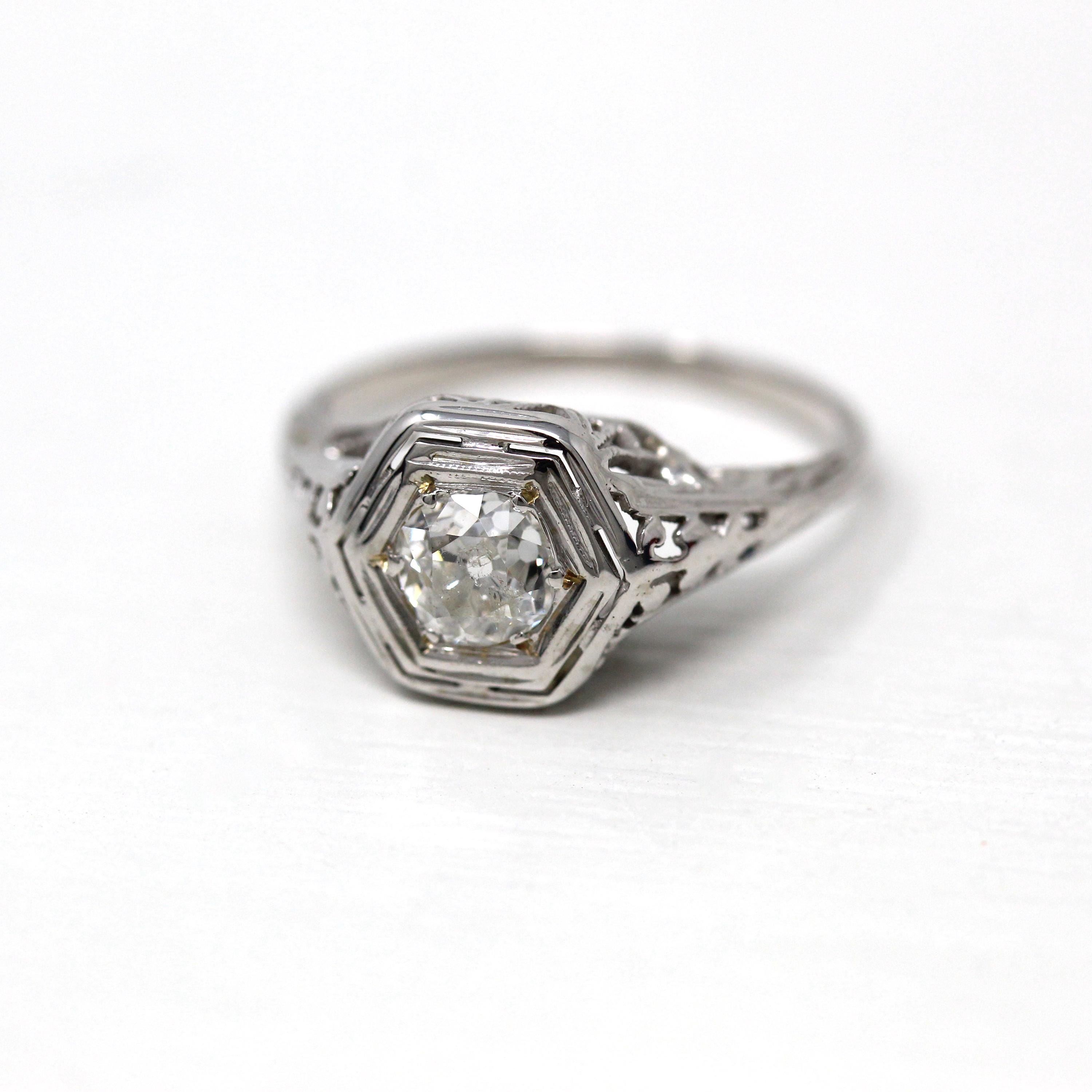 Diamond Engagement Ring - Vintage 14k White Gold Filigree Genuine 1/2 CT Gem - Antique 1930 Size 4 Wedding Hexagonal Bridal Fine Jewelry