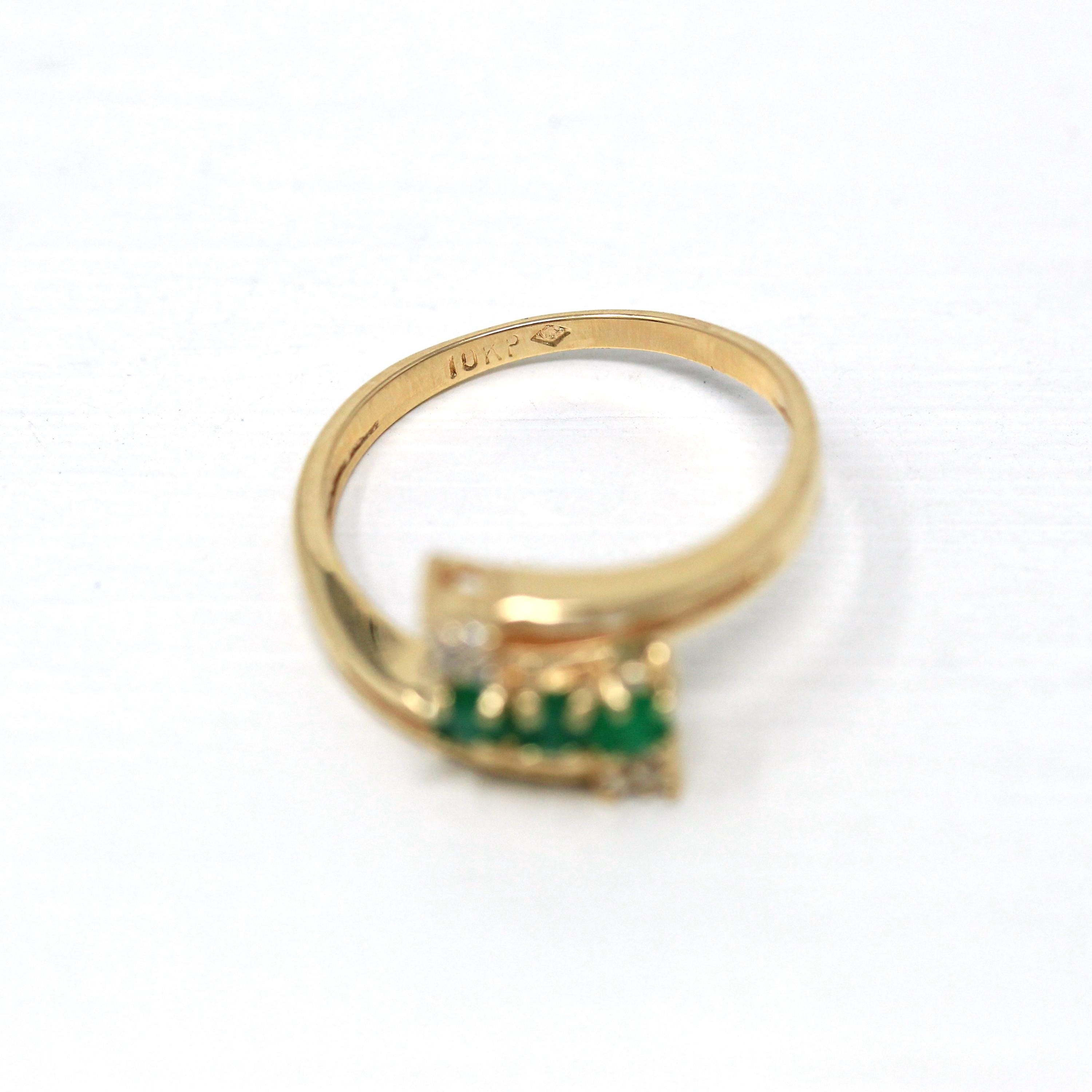 Emerald & Diamond Ring - Estate 10k Yellow Gold Round Green Gem Bypass Statement - Modern Circa 2000s Gemstone Size 6 1/4 Fine Jewelry