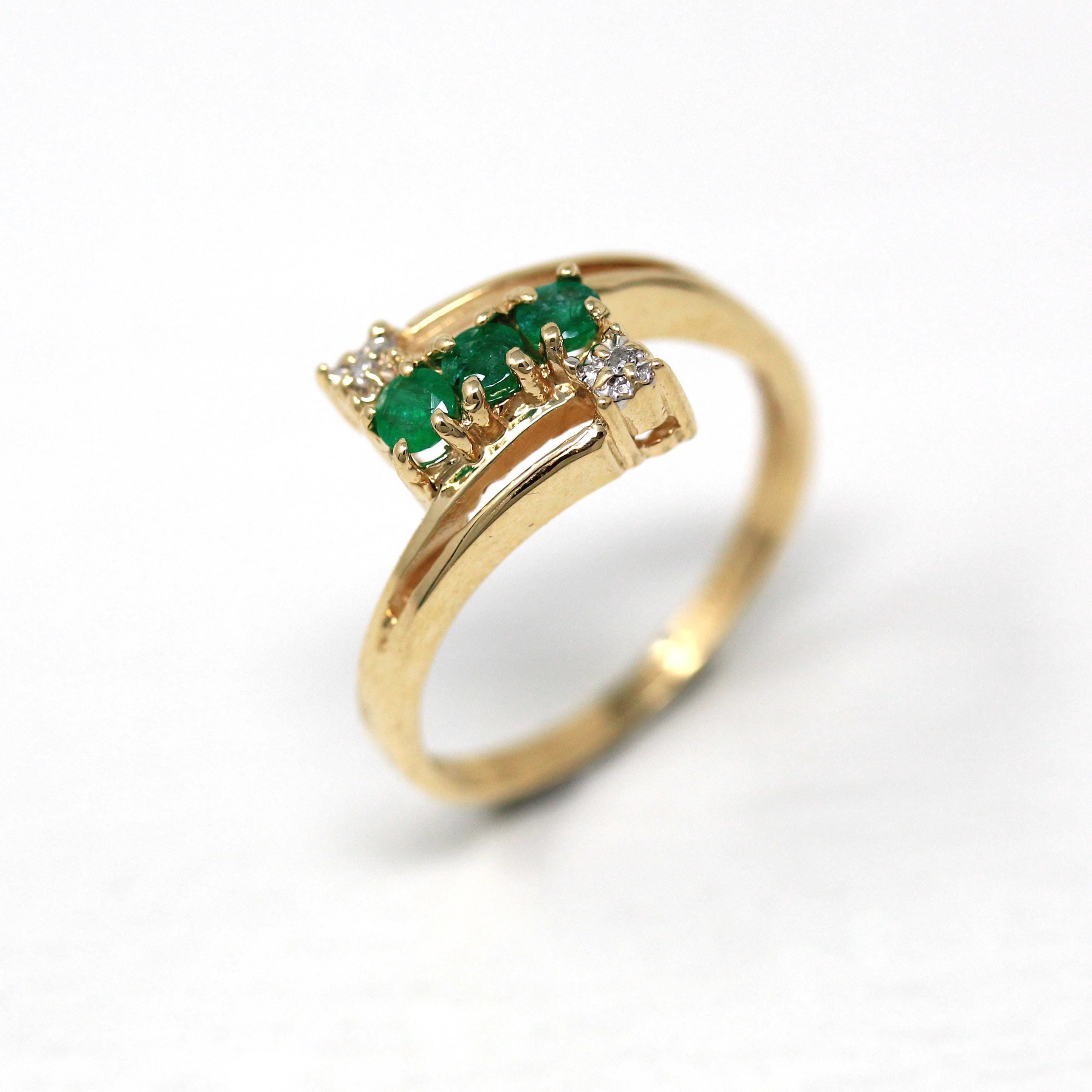 Emerald & Diamond Ring - Estate 10k Yellow Gold Round Green Gem Bypass Statement - Modern Circa 2000s Gemstone Size 6 1/4 Fine Jewelry