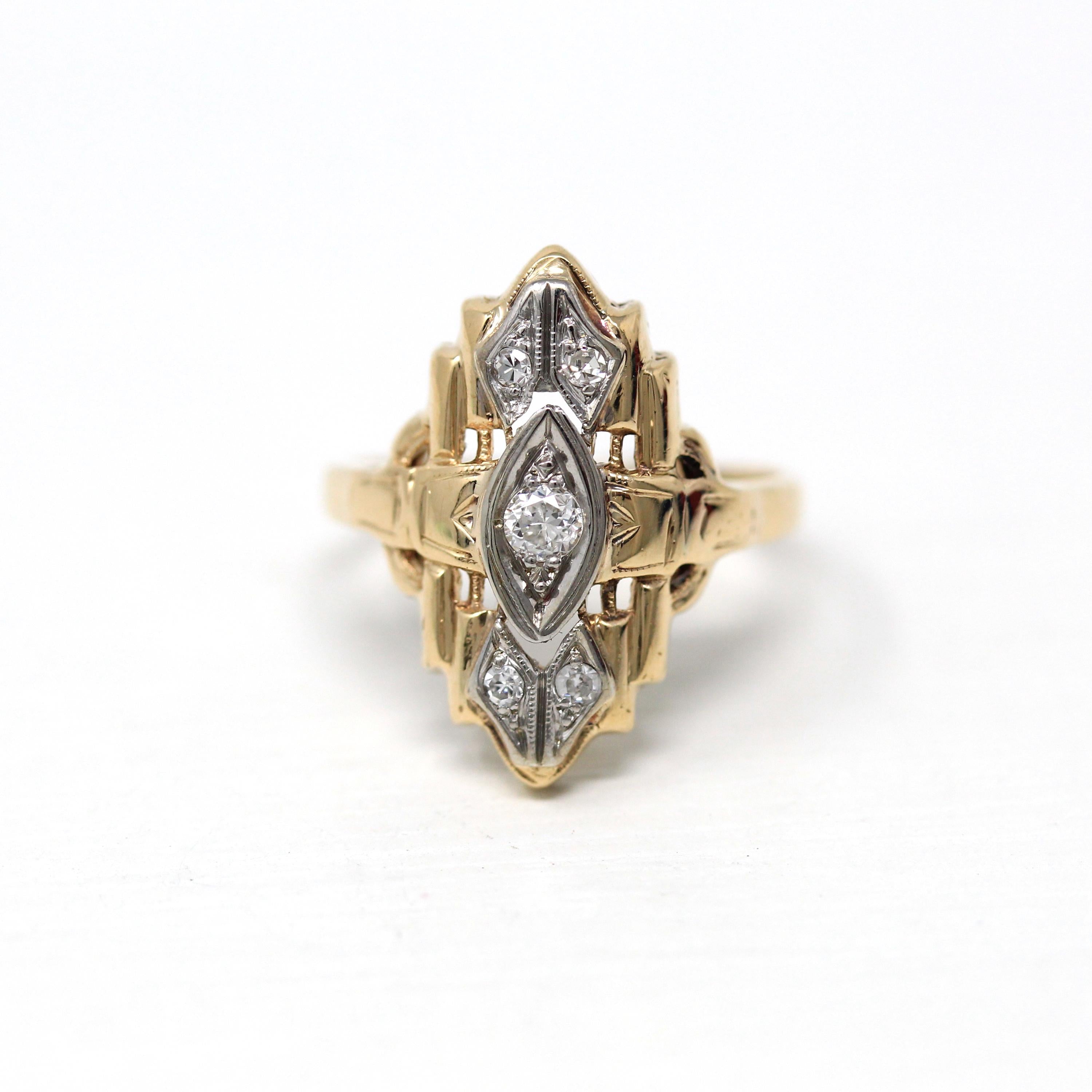 Vintage Shield Ring - Retro 14k Yellow & White Gold .10 CTW Diamonds Gems - Vintage Circa 1940s Era Size 3 1/4 Statement Filigree Jewelry