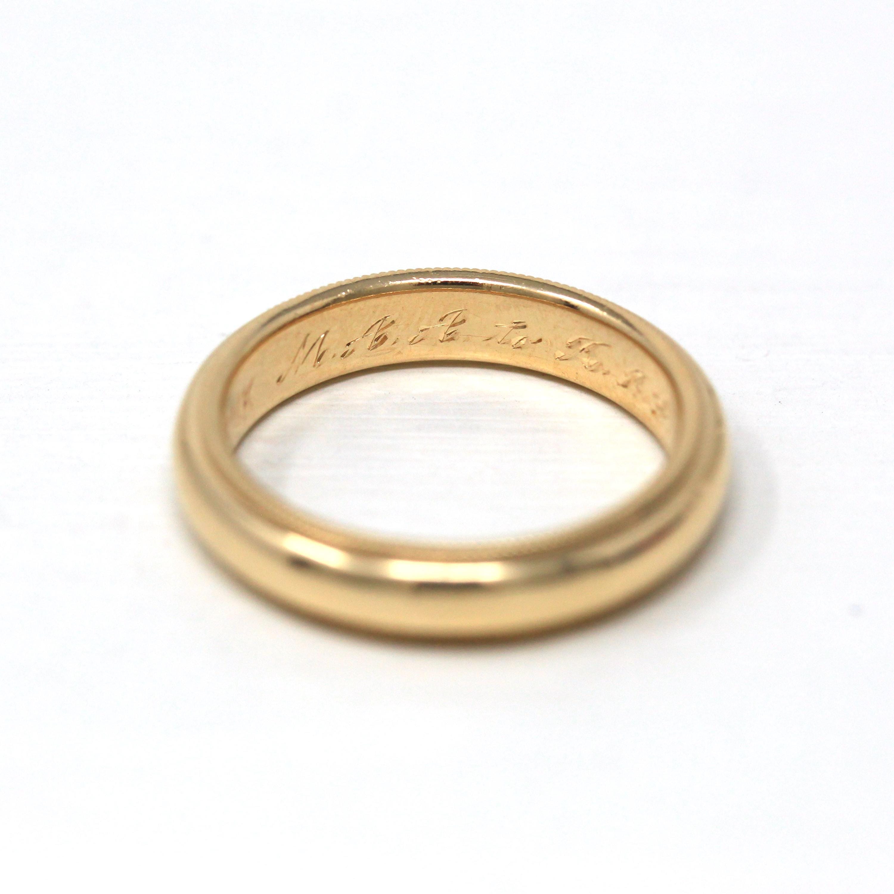 Dated 1964 Band - Retro 14k Yellow Gold Engraved "M.A.A. to R.J.G. 9-24-64" Ring - Vintage Size 10 Statement Fine Milgrain Wedding Jewelry