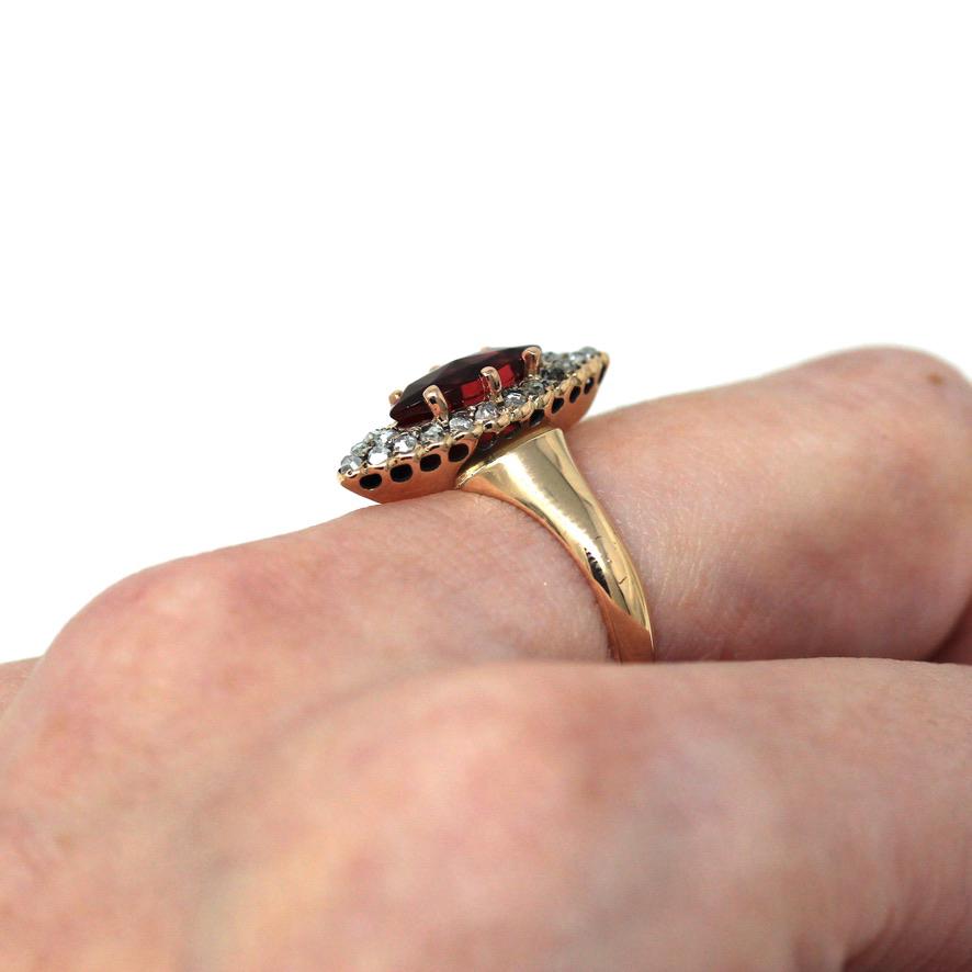 Antique Navette Ring - Victorian 10k Rose Gold Genuine Rose Cut Diamonds & Simulated Garnet - Vintage Circa 1890s Size 6 Fine Gem Jewelry