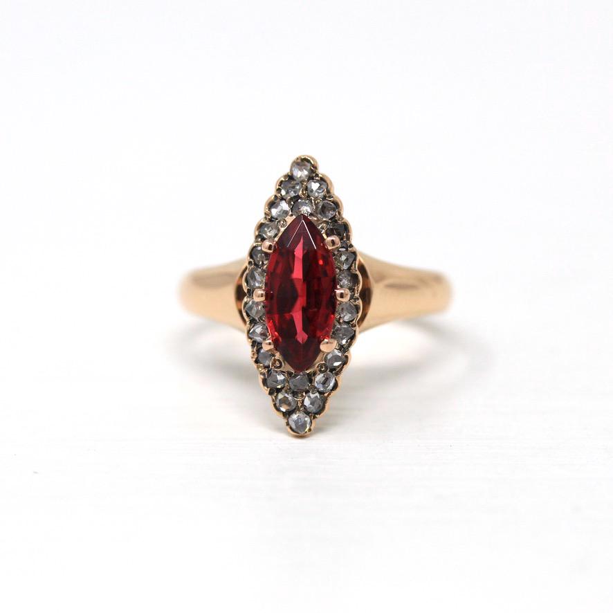 Antique Navette Ring - Victorian 10k Rose Gold Genuine Rose Cut Diamonds & Simulated Garnet - Vintage Circa 1890s Size 6 Fine Gem Jewelry