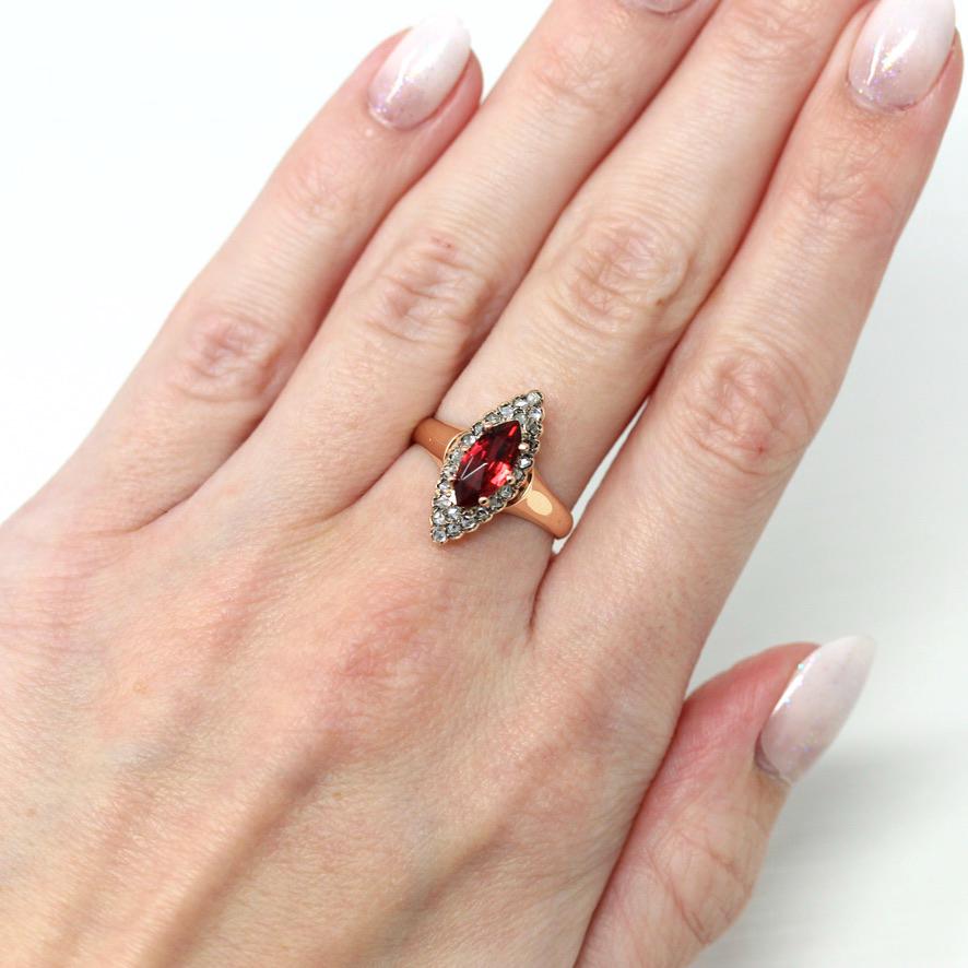 Antique Navette Ring - Victorian 10k Rose Gold Genuine Rose Cut Diamonds & Simulated Garnet - Vintage Circa 1890s Size 6 Fine Gem Jewelry