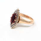 Antique Navette Ring - Victorian 10k Rose Gold Genuine Rose Cut Diamonds & Simulated Garnet - Vintage Circa 1890s Size 6 Fine Gem Jewelry