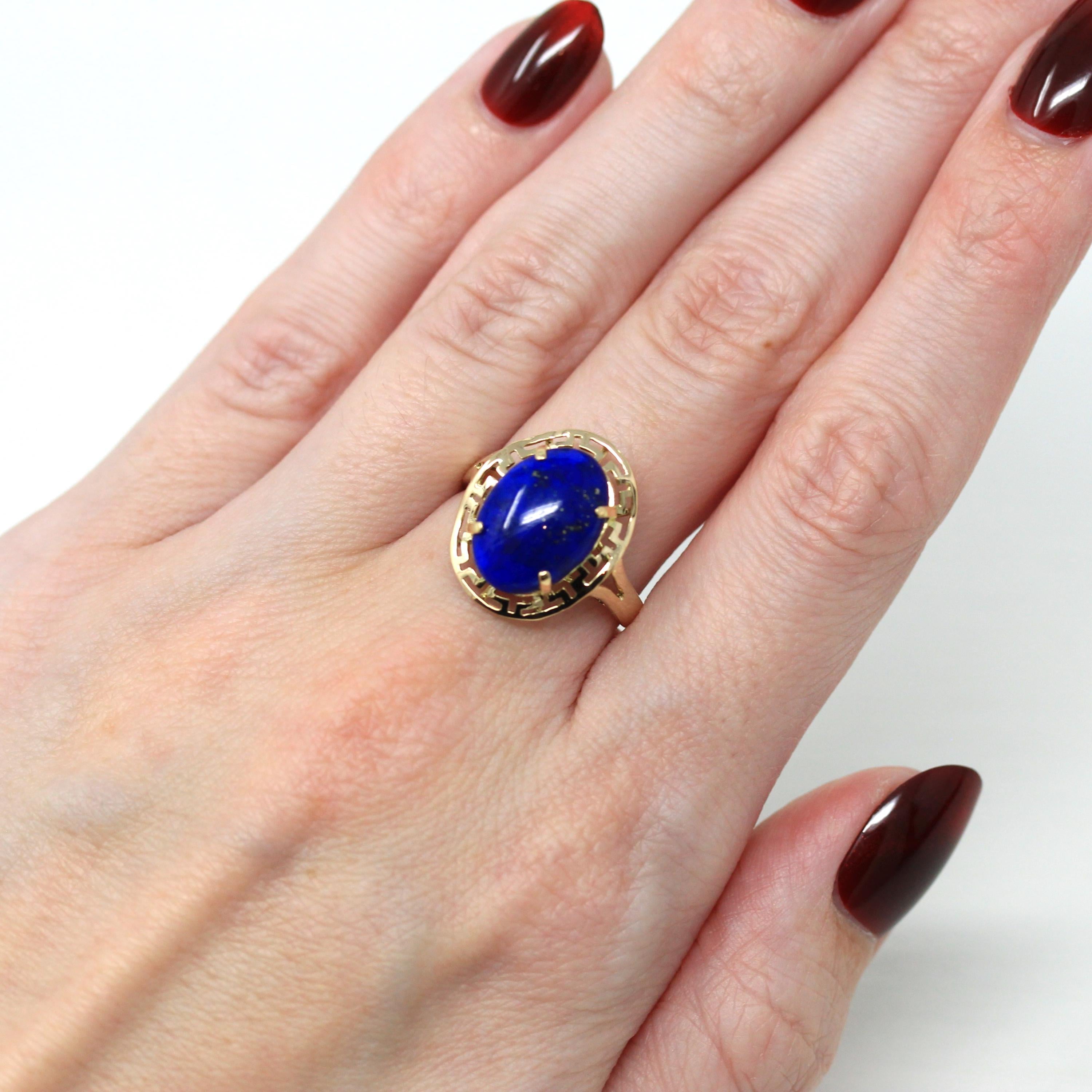 Lapis Lazuli Ring - Estate 14k Yellow Gold Genuine Cabochon Cut 3.76 CT Blue Gold Gem - 1990s Size 7 1/4 Statement Fine Open Metal Jewelry