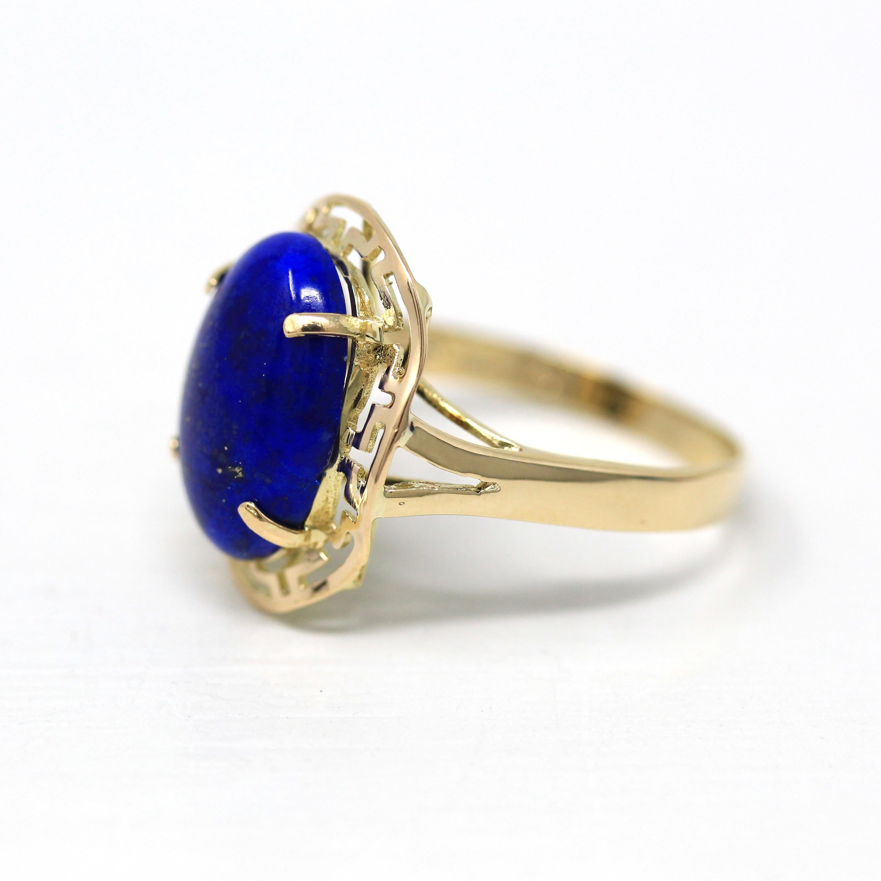 Lapis Lazuli Ring - Estate 14k Yellow Gold Genuine Cabochon Cut 3.76 CT Blue Gold Gem - 1990s Size 7 1/4 Statement Fine Open Metal Jewelry