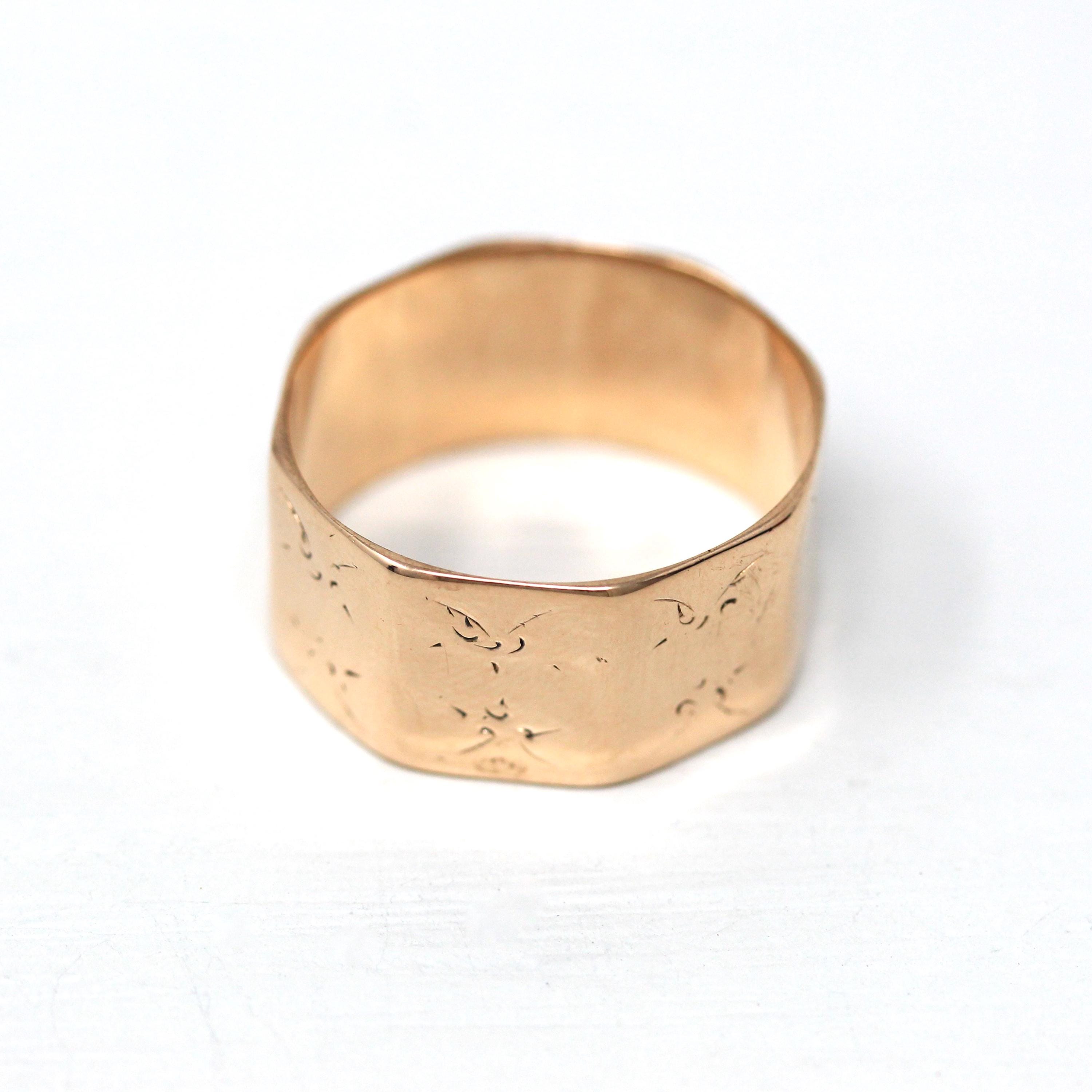 Antique Cigar Band - Edwardian Era 10k Rose Gold Engraved Design 9.5 mm Wide Ring - Vintage 1900 Era Size 6.5 Unisex Fine Jewelry