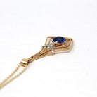 Vintage Lavalier Necklace - Retro 14k Yellow Gold Created Blue Sapphire & Diamond Pendant Charm - 1940s September Birthstone Fine Jewelry