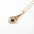 Vintage Lavalier Necklace - Retro 14k Yellow Gold Created Blue Sapphire & Diamond Pendant Charm - 1940s September Birthstone Fine Jewelry