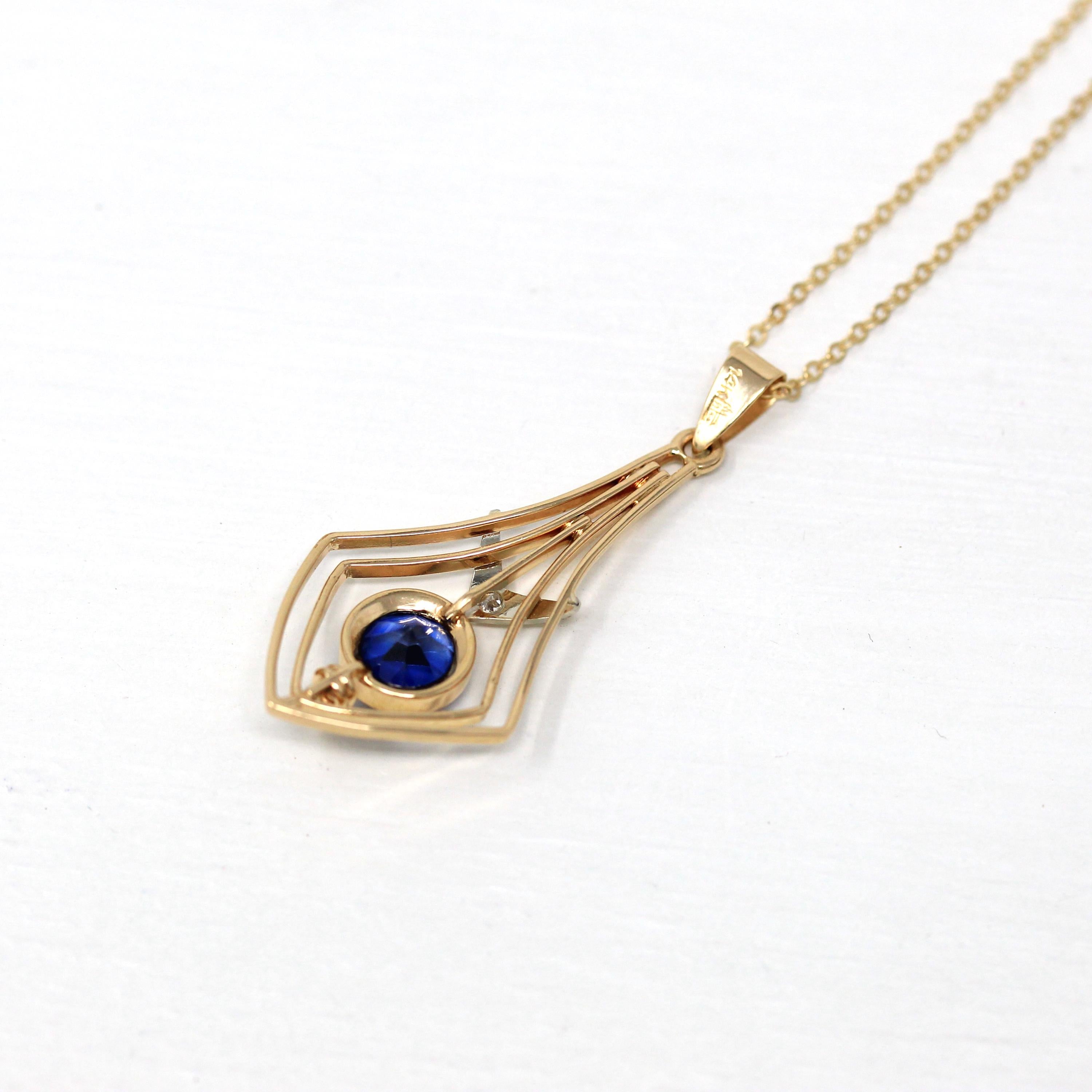 Vintage Lavalier Necklace - Retro 14k Yellow Gold Created Blue Sapphire & Diamond Pendant Charm - 1940s September Birthstone Fine Jewelry