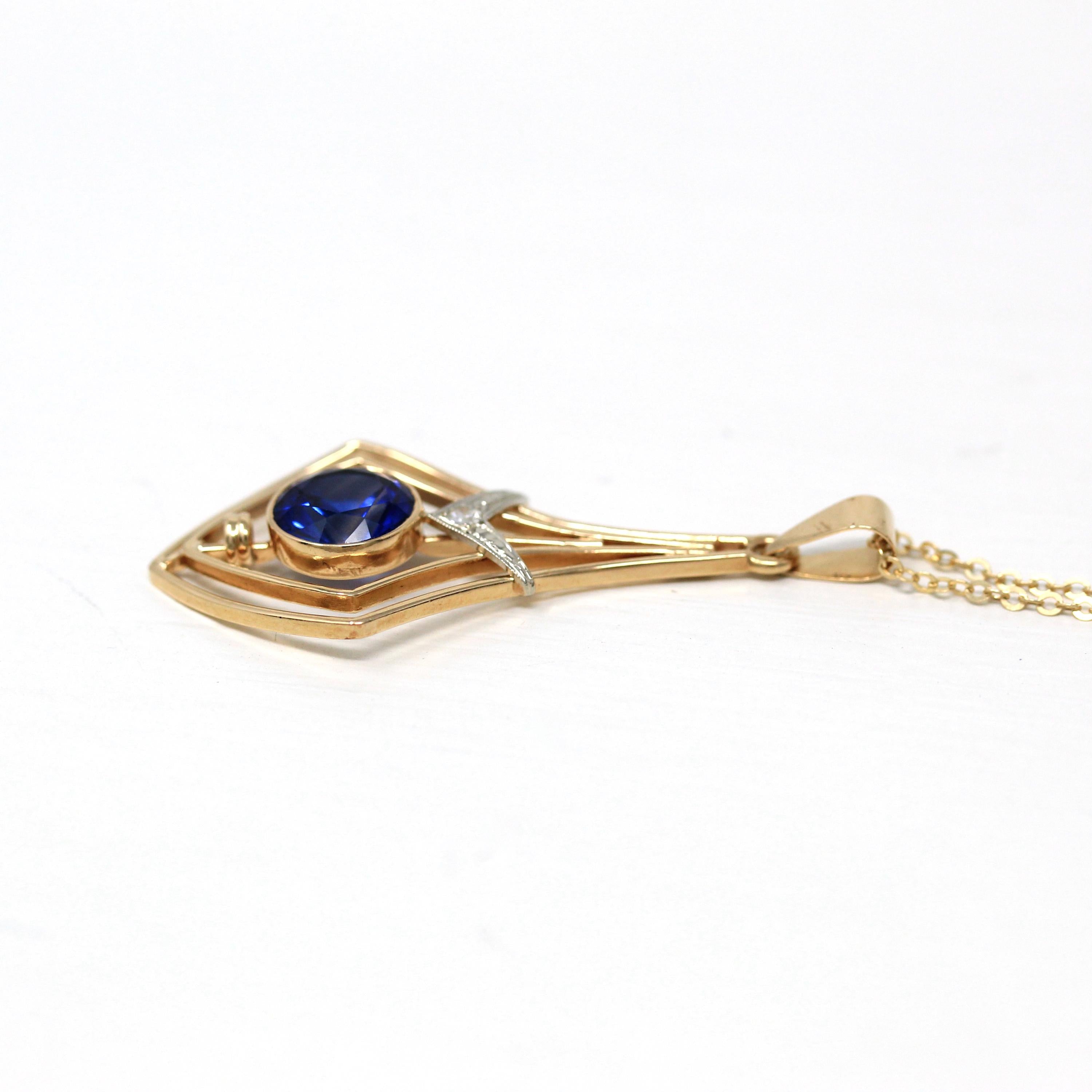 Vintage Lavalier Necklace - Retro 14k Yellow Gold Created Blue Sapphire & Diamond Pendant Charm - 1940s September Birthstone Fine Jewelry