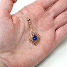 Vintage Lavalier Necklace - Retro 14k Yellow Gold Created Blue Sapphire & Diamond Pendant Charm - 1940s September Birthstone Fine Jewelry