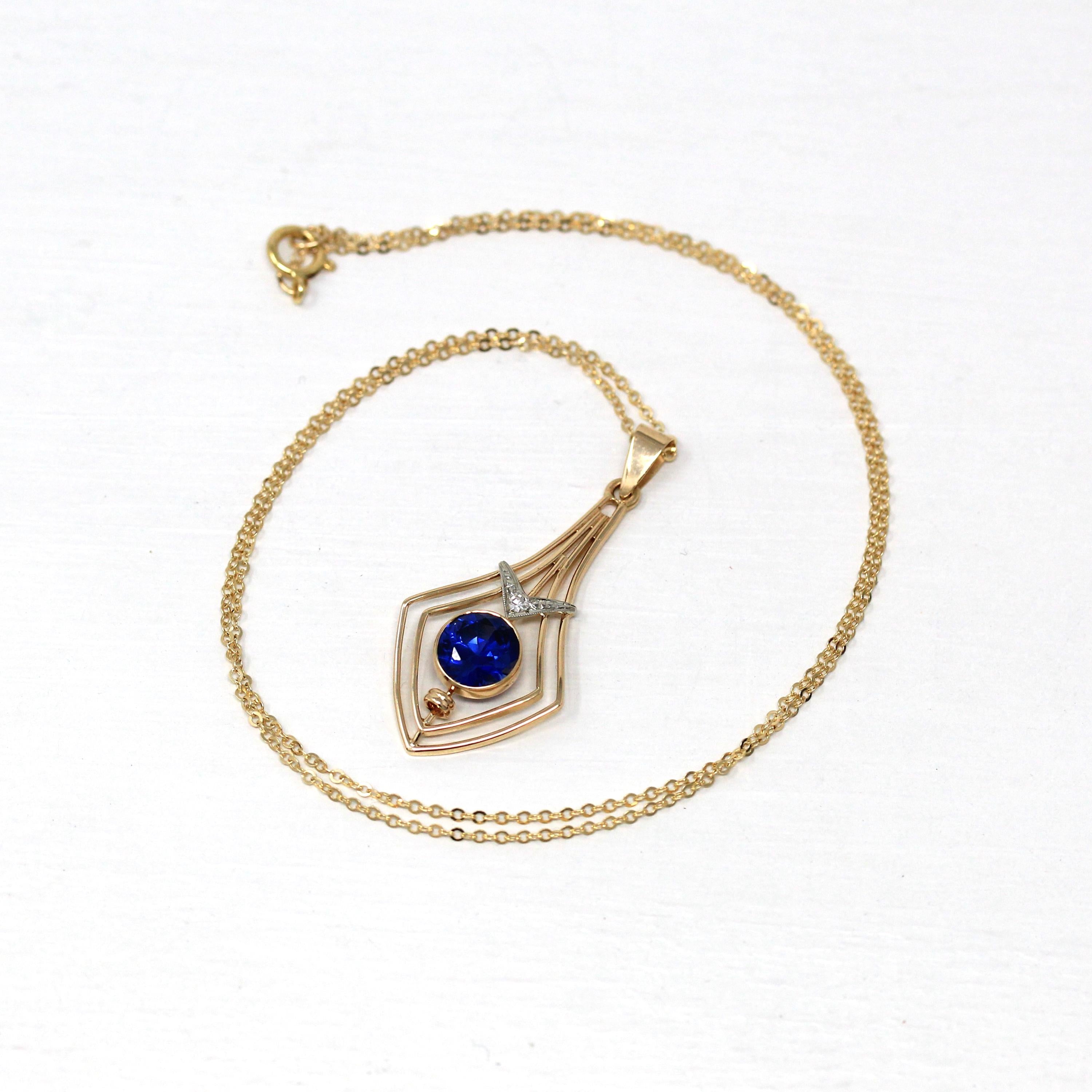 Vintage Lavalier Necklace - Retro 14k Yellow Gold Created Blue Sapphire & Diamond Pendant Charm - 1940s September Birthstone Fine Jewelry