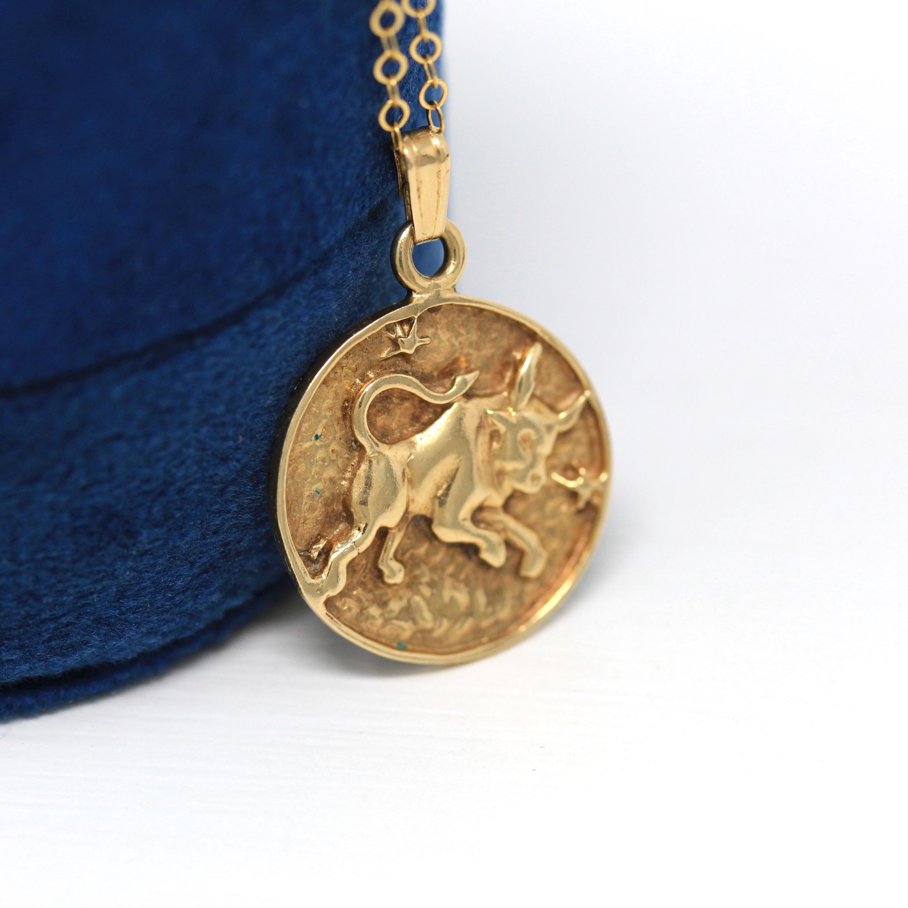 Vintage Taurus Charm - Retro 14k Yellow Gold Bull Astrological Sign Necklace Pendant - Circa 1970s Zodiac Celestial Earth Element Jewelry