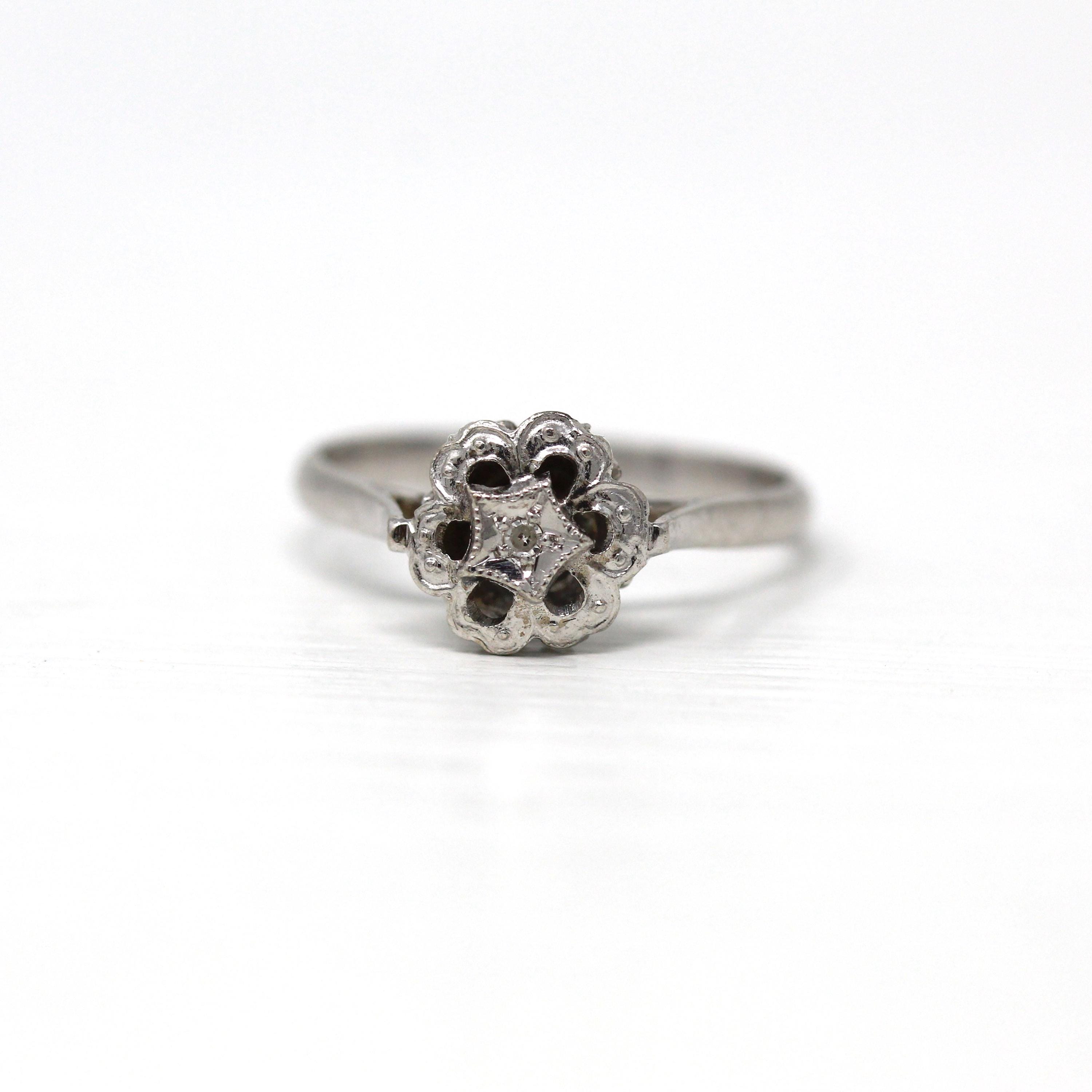 Mid Century Ring - Vintage 18k White Gold Genuine .01 ct Diamond Flower Halo Engagement - Circa 1960s Era Size 6 3/4 Cocktail Fine Jewelry