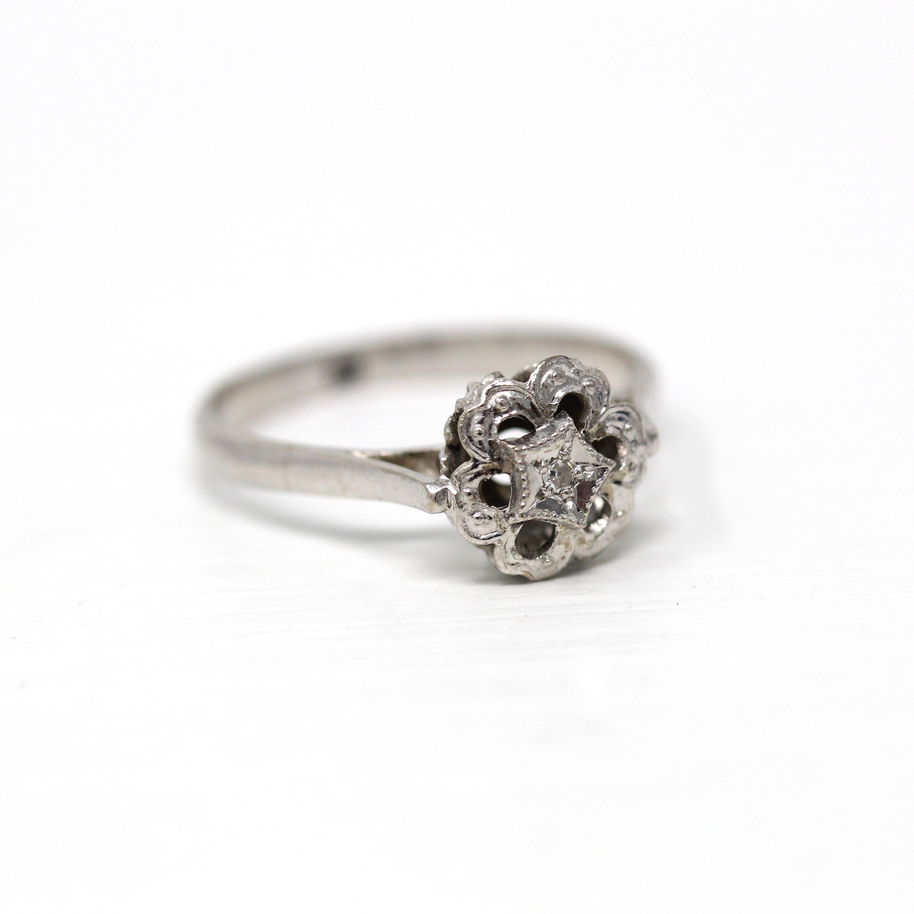 Mid Century Ring - Vintage 18k White Gold Genuine .01 ct Diamond Flower Halo Engagement - Circa 1960s Era Size 6 3/4 Cocktail Fine Jewelry