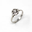 Mid Century Ring - Vintage 18k White Gold Genuine .01 ct Diamond Flower Halo Engagement - Circa 1960s Era Size 6 3/4 Cocktail Fine Jewelry