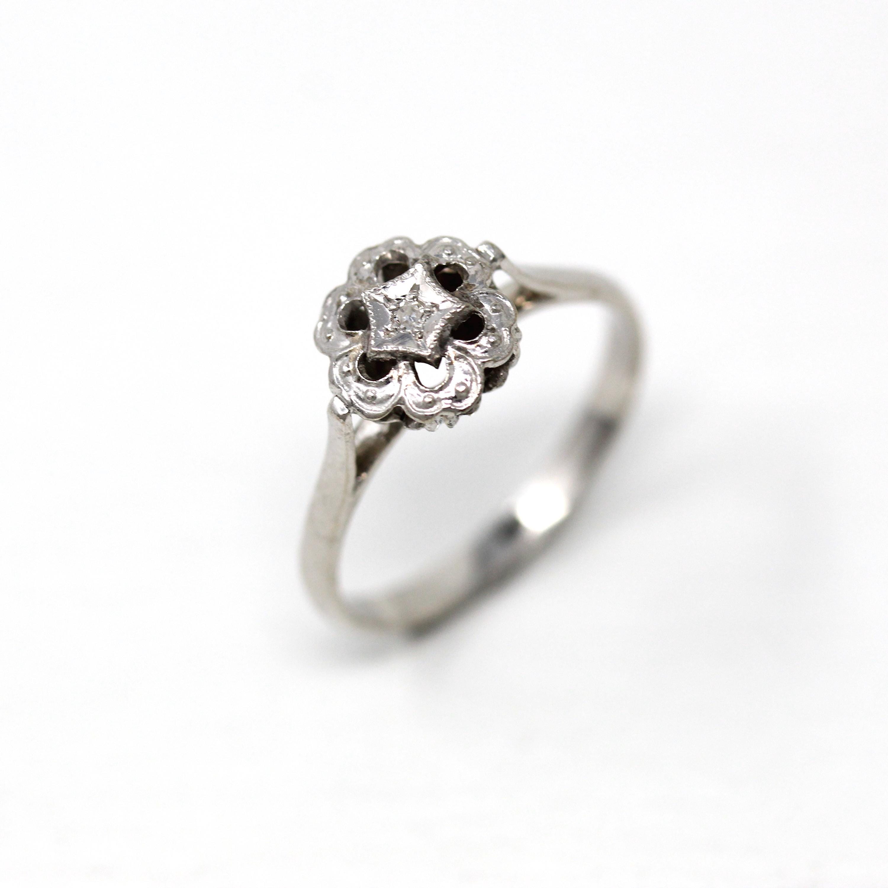 Mid Century Ring - Vintage 18k White Gold Genuine .01 ct Diamond Flower Halo Engagement - Circa 1960s Era Size 6 3/4 Cocktail Fine Jewelry