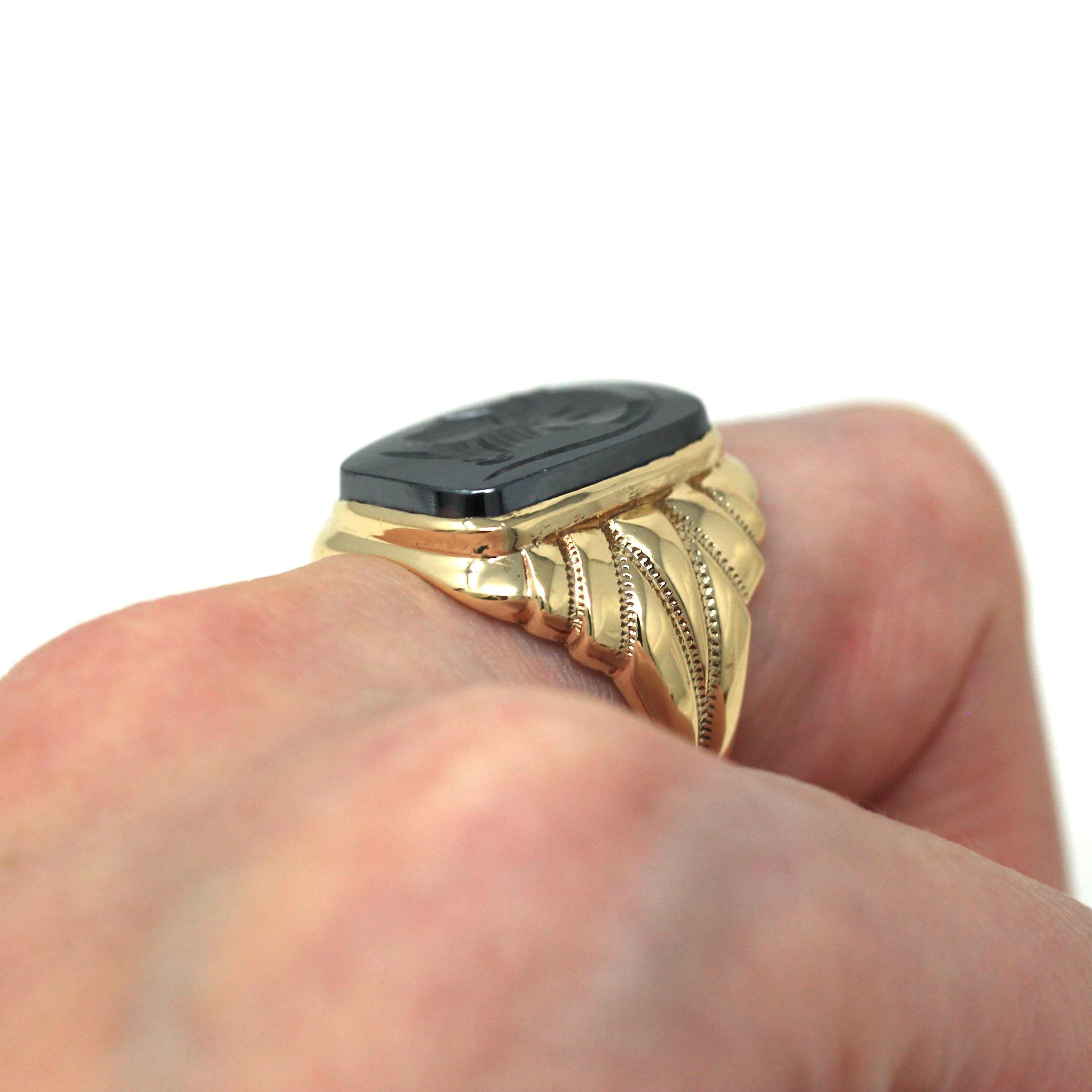 Vintage Hematite Ring - Retro 10k Yellow Gold Intaglio Carved Gray Roman Gem Warrior - Circa 1960s Era Size 8 Statement Jewelry