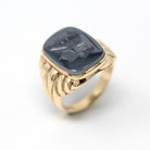 Vintage Hematite Ring - Retro 10k Yellow Gold Intaglio Carved Gray Roman Gem Warrior - Circa 1960s Era Size 8 Statement Jewelry