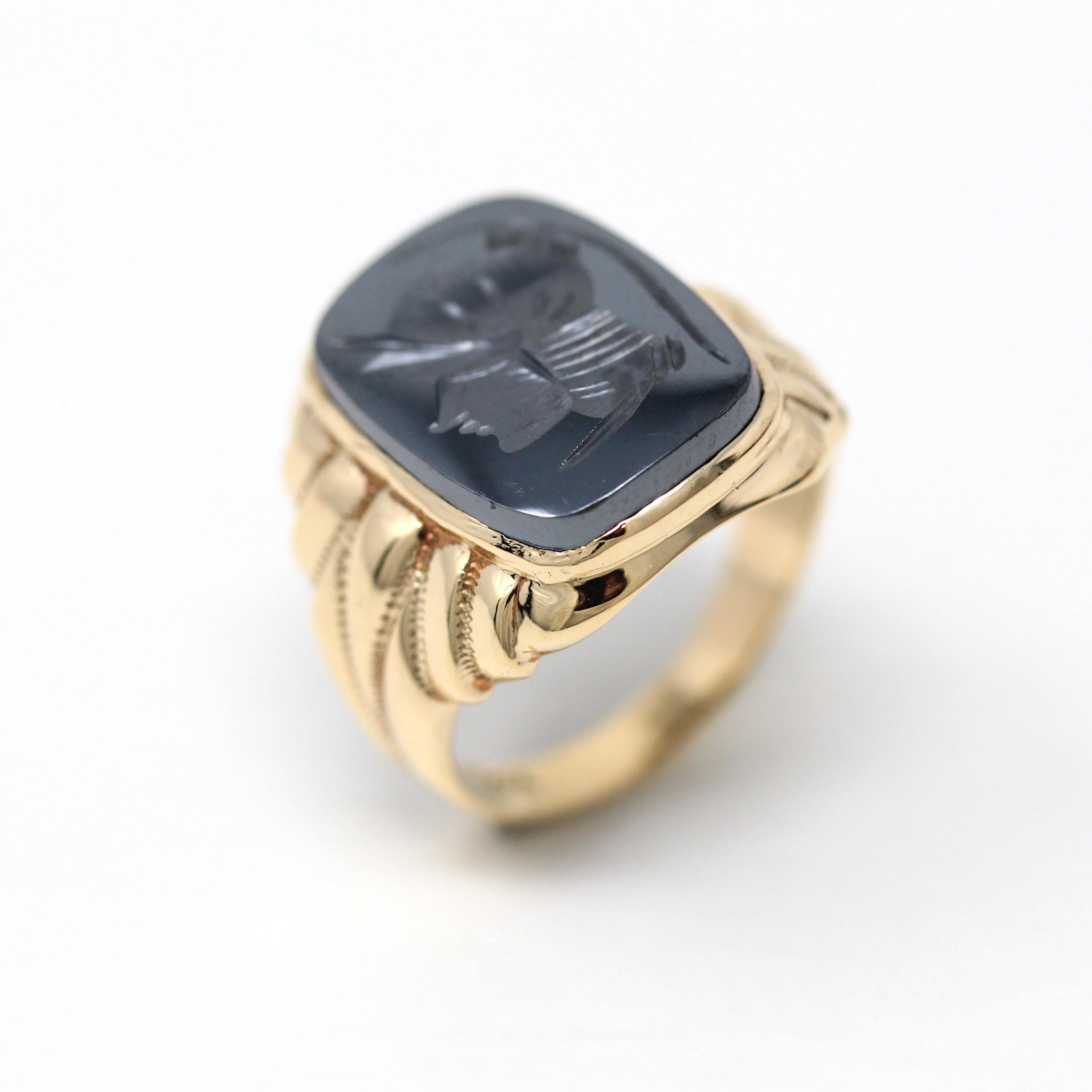 Vintage Hematite Ring - Retro 10k Yellow Gold Intaglio Carved Gray Roman Gem Warrior - Circa 1960s Era Size 8 Statement Jewelry