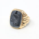 Vintage Hematite Ring - Retro 10k Yellow Gold Intaglio Carved Gray Roman Gem Warrior - Circa 1960s Era Size 8 Statement Jewelry