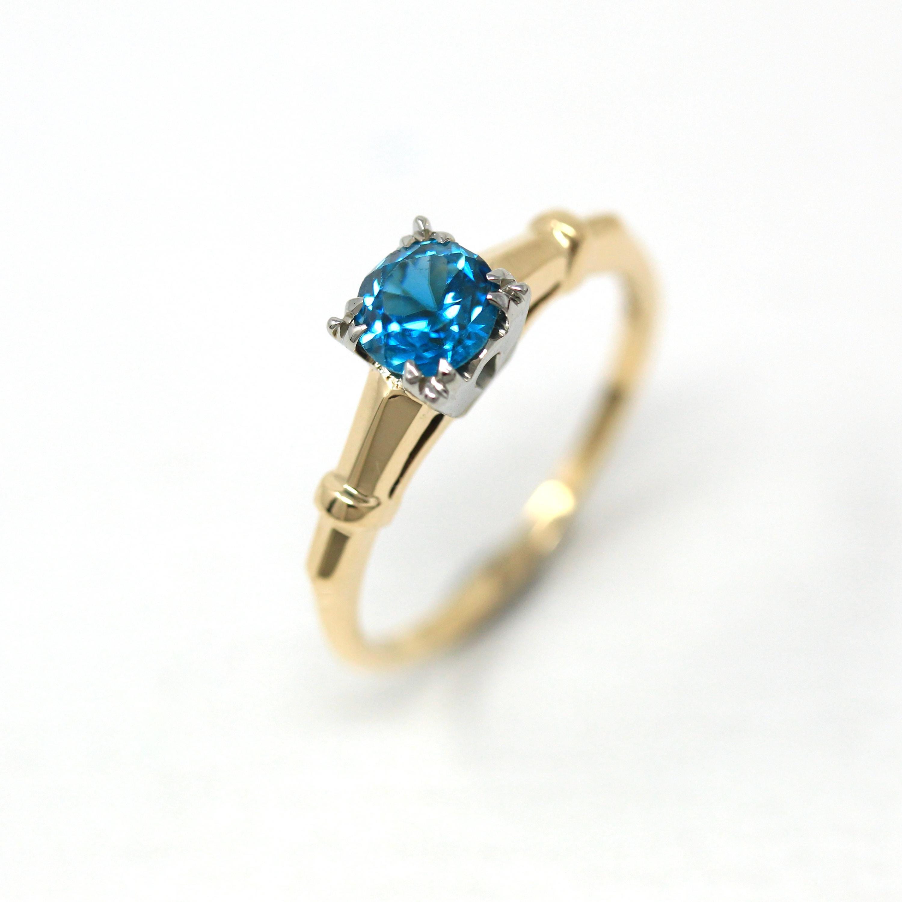 Genuine Blue Zircon Ring - Retro 14k 18k Yellow White Gold Round .63 CT Gemstone - Vintage Circa 1940s Era Size 5 1/4 Solitaire Fine Jewelry