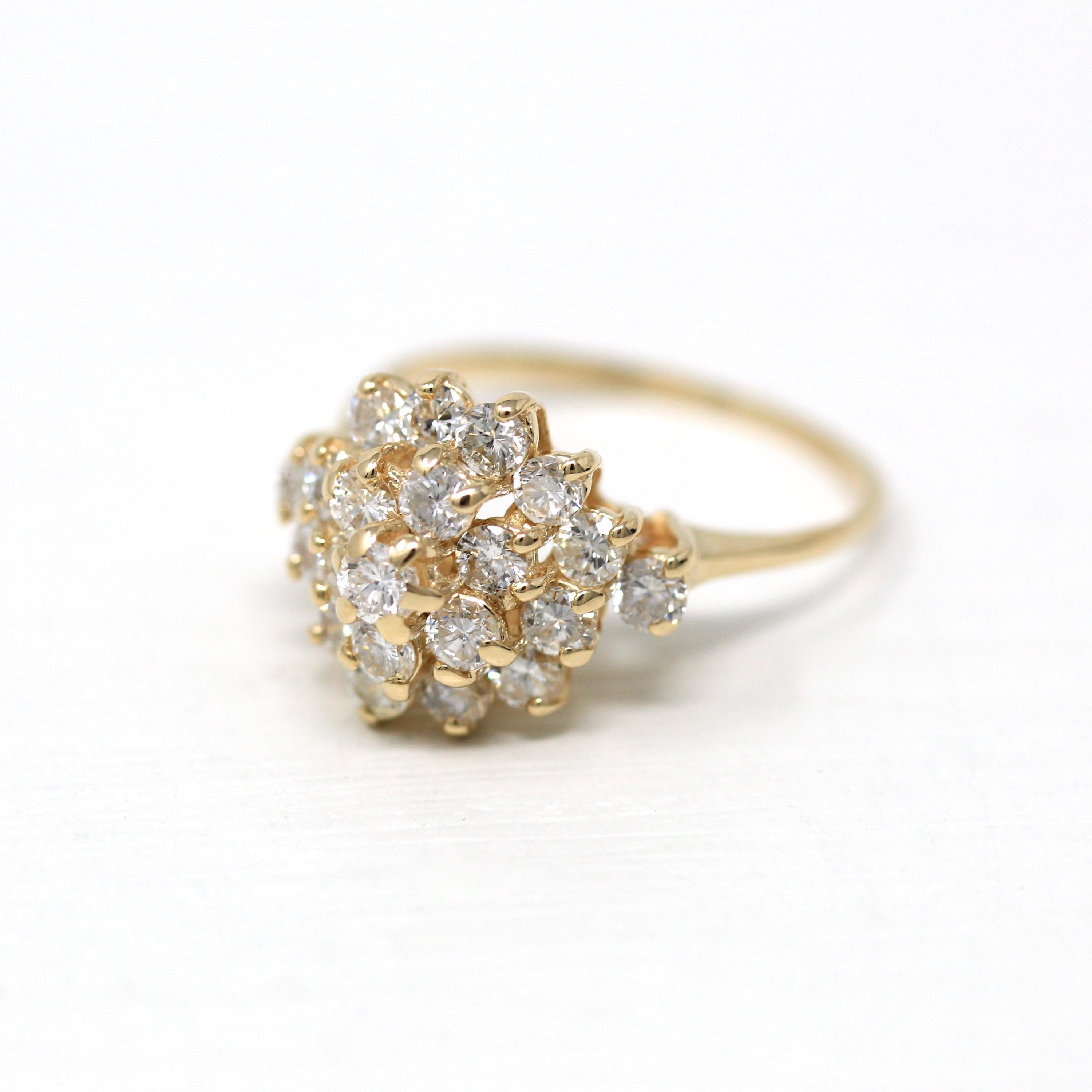 Diamond Cluster Ring - Estate 14k Yellow Gold Multi-Stone 1.27 CTW Gems - Modern Circa 1980s Era Size 7 April Birthstone Fine 80s Jewelry