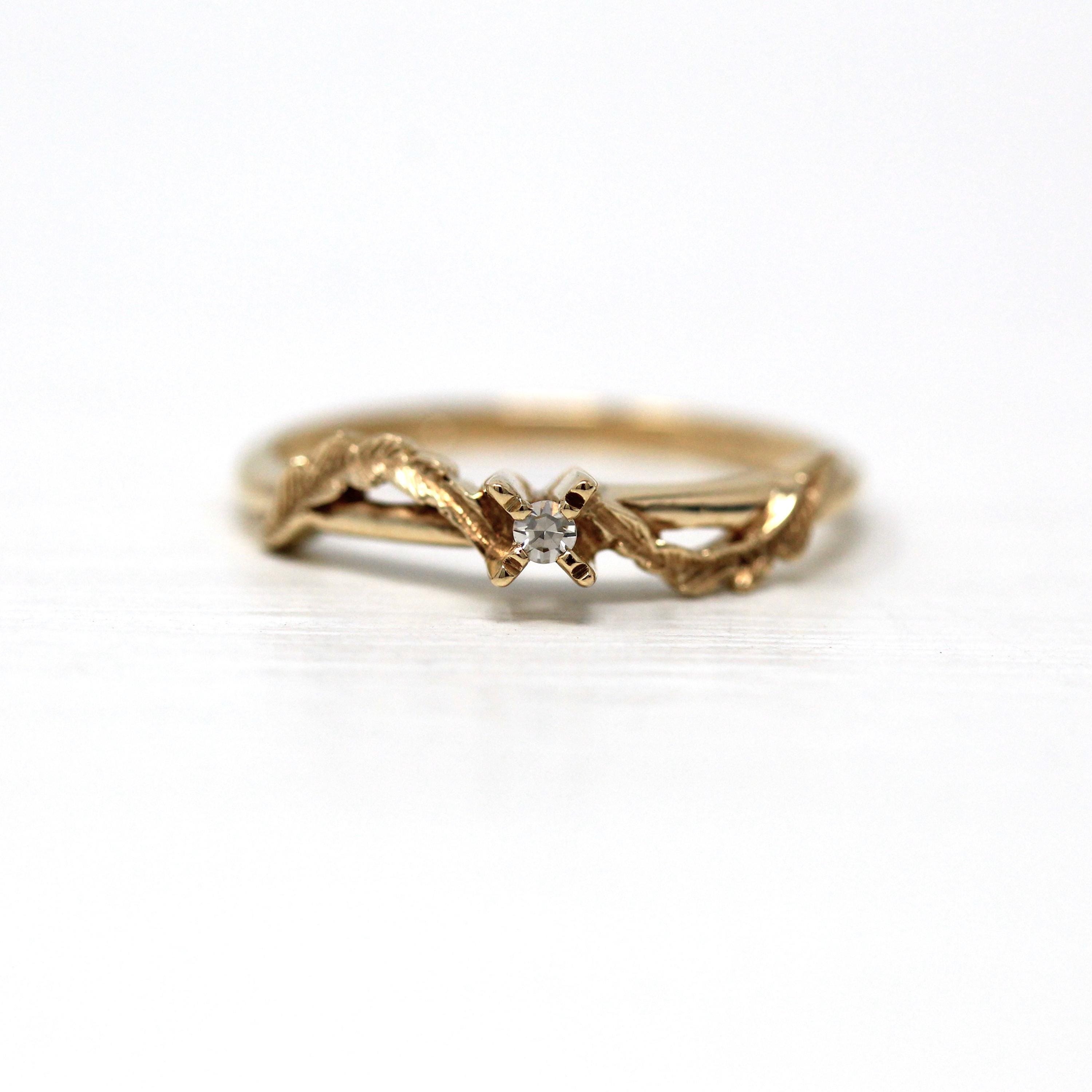 Diamond Solitaire Ring - Modern Estate 10k Yellow Gold Promise Single Cut .02 Ct Engagement - Size 5 3/4 Leaf Vine Nature Fine Jewelry