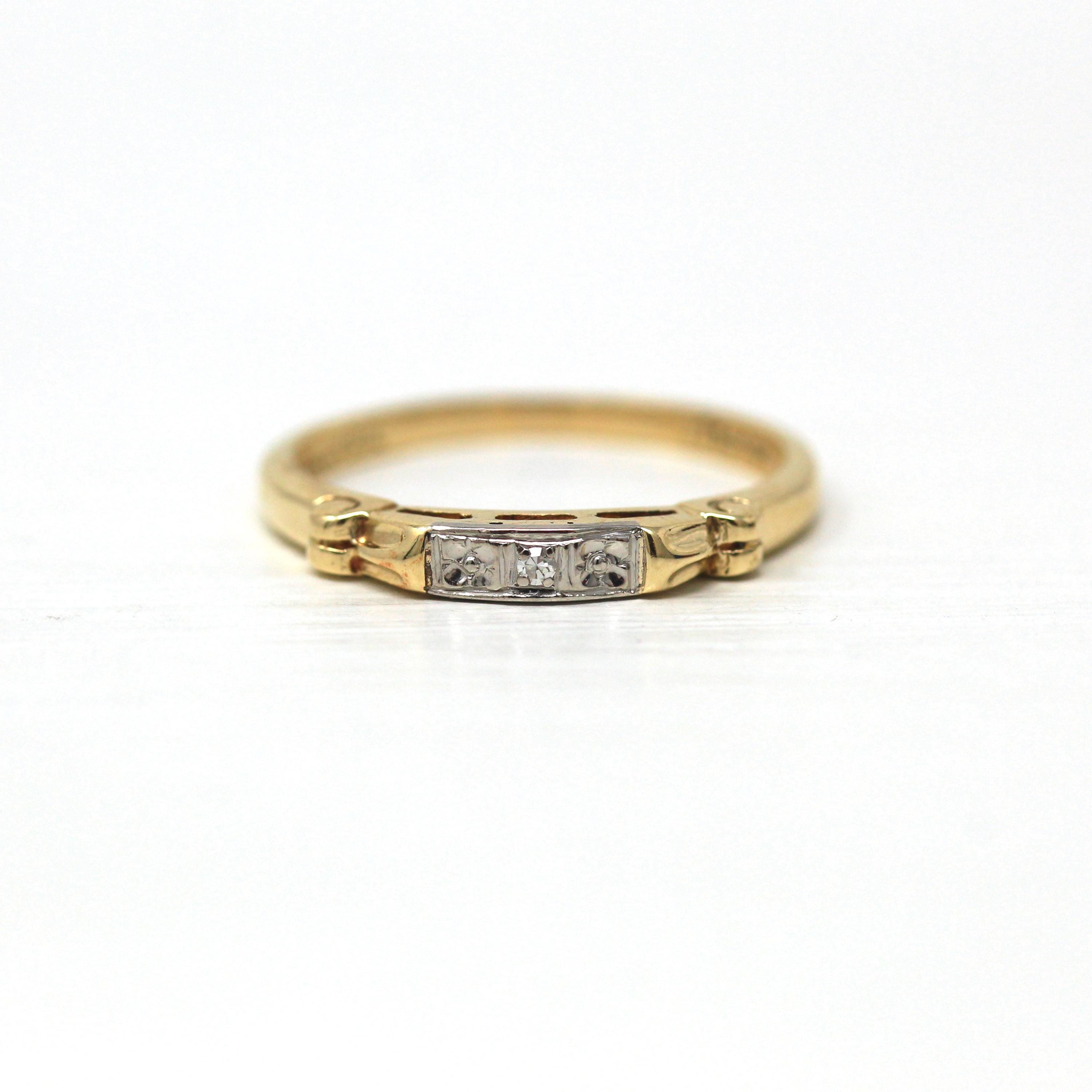 Vintage Diamond Band - Retro 14k Yellow Gold & Palladium Flower Gem Ring - Vintage Circa 1940s Era Size 5 1/4 Fine Stacking Wedding Jewelry