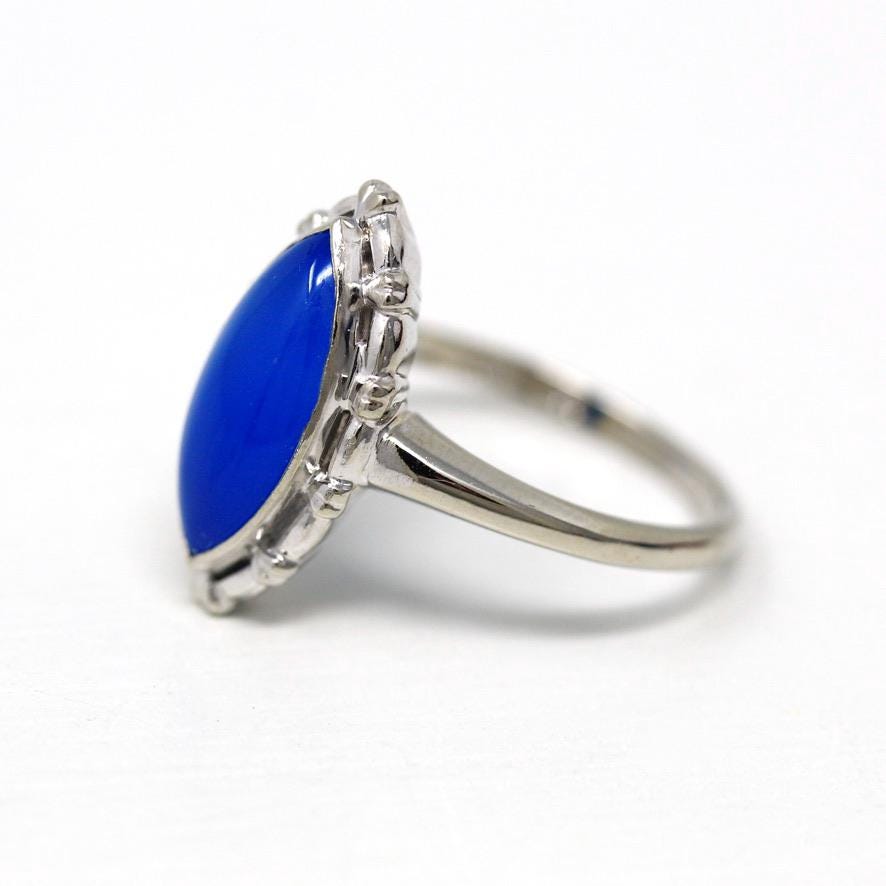 Mid Century Ring - Vintage 10k White Gold Genuine Blue Chalcedony Gemstone Statement - Circa 1950s Size 6 3/4 Marquise Gem Fine Jewelry