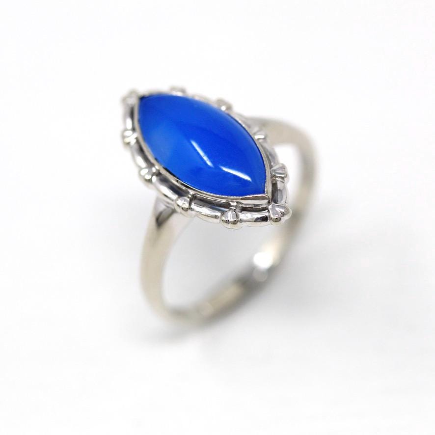 Mid Century Ring - Vintage 10k White Gold Genuine Blue Chalcedony Gemstone Statement - Circa 1950s Size 6 3/4 Marquise Gem Fine Jewelry