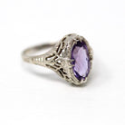 Vintage Amethyst Ring - Art Deco 14k White Gold 1.13 CT Gemstone Flower Filigree - Circa 1930s Era Size 6 3/4 February Fine 30s Jewelry