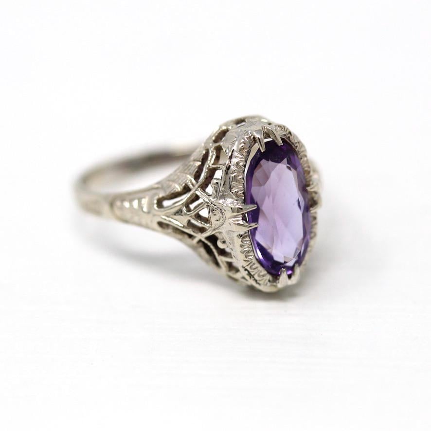 Vintage Amethyst Ring - Art Deco 14k White Gold 1.13 CT Gemstone Flower Filigree - Circa 1930s Era Size 6 3/4 February Fine 30s Jewelry