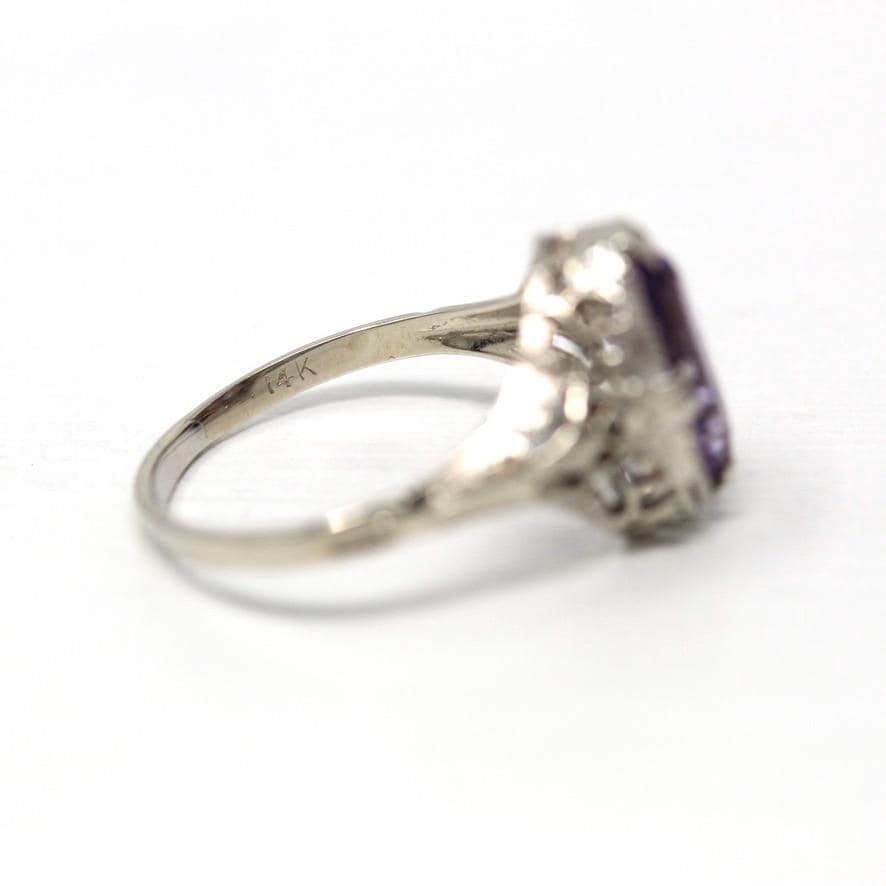 Vintage Amethyst Ring - Art Deco 14k White Gold 1.13 CT Gemstone Flower Filigree - Circa 1930s Era Size 6 3/4 February Fine 30s Jewelry