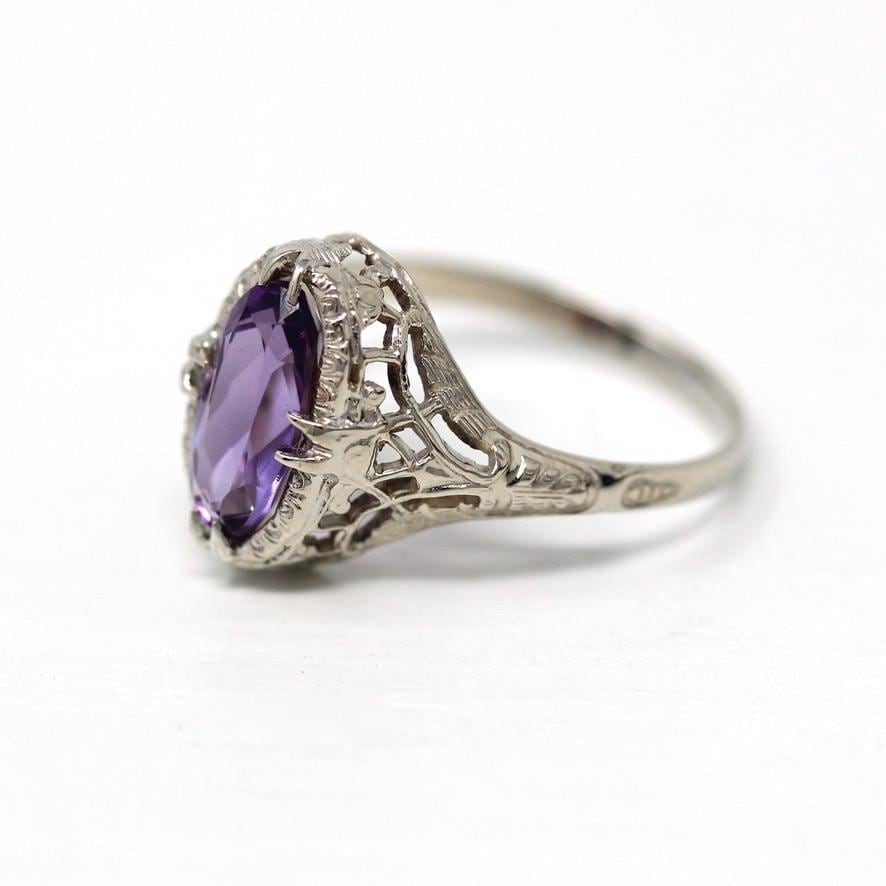 Vintage Amethyst Ring - Art Deco 14k White Gold 1.13 CT Gemstone Flower Filigree - Circa 1930s Era Size 6 3/4 February Fine 30s Jewelry