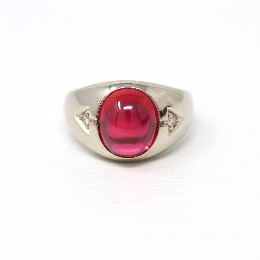 Created Ruby Ring - Mid Century 10k White Gold 7.68 ct Cabochon Cut Pink Stone - Vintage Circa 1950s Era Diamonds Fine Unisex Jewelry