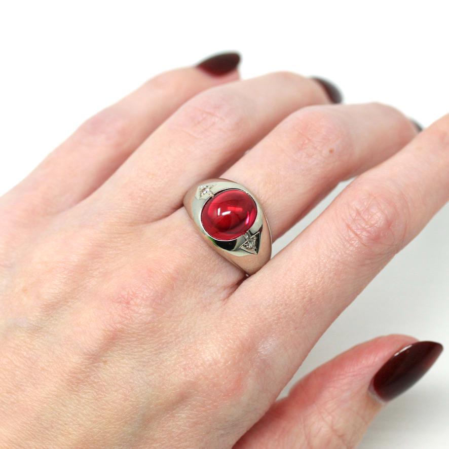 Created Ruby Ring - Mid Century 10k White Gold 7.68 ct Cabochon Cut Pink Stone - Vintage Circa 1950s Era Diamonds Fine Unisex Jewelry