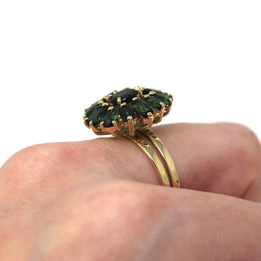 Green Tourmaline Ring - Retro 14k Yellow Gold Flower Cluster Statement - Vintage Circa 1970s Size 8 3/4 Green Gemstone Fine Jewelry