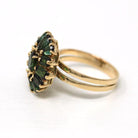 Green Tourmaline Ring - Retro 14k Yellow Gold Flower Cluster Statement - Vintage Circa 1970s Size 8 3/4 Green Gemstone Fine Jewelry