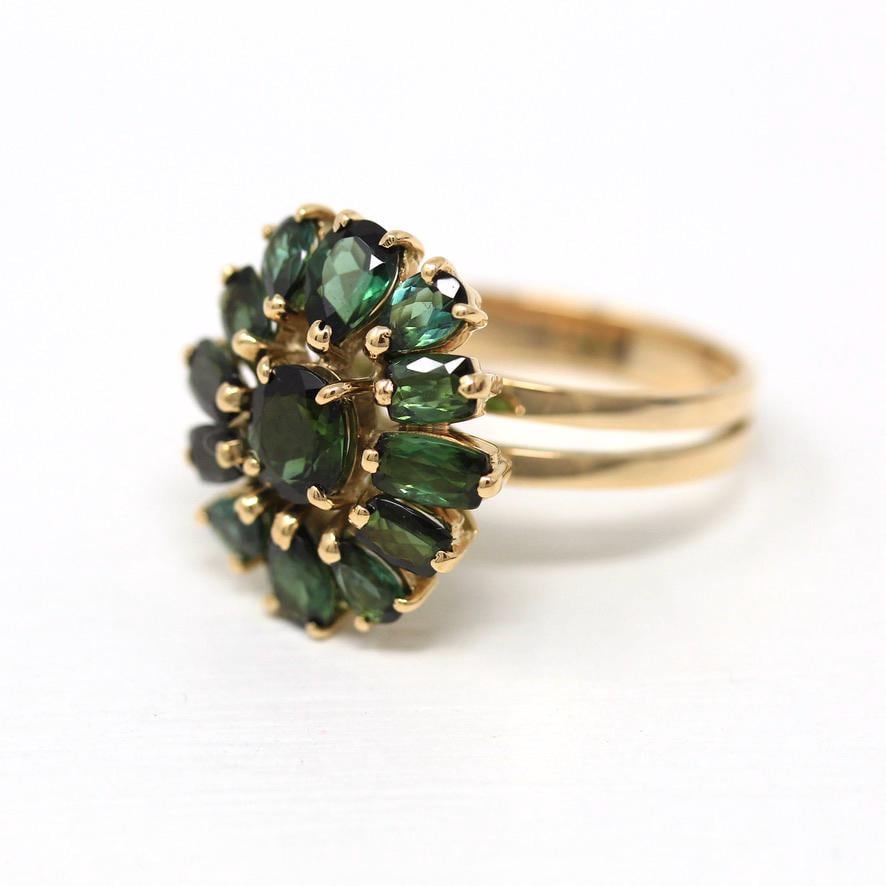 Green Tourmaline Ring - Retro 14k Yellow Gold Flower Cluster Statement - Vintage Circa 1970s Size 8 3/4 Green Gemstone Fine Jewelry